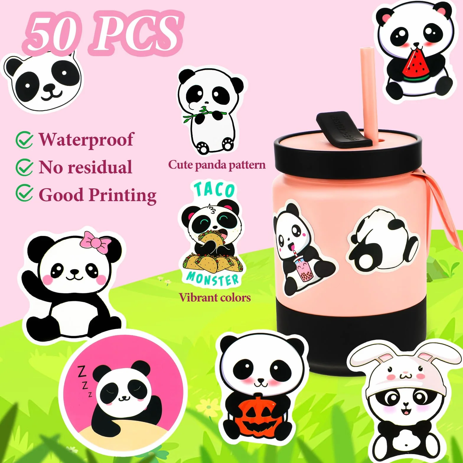 Molain 50 szt. naklejek panda, wodoodporne winylowe panda, scrapbooking, kalkomania, panda, dekoracje imprezowe, urocze naklejki z kreskówek, na butelkę z wodą, laptopa, scrapbookingu, deskorolkę,