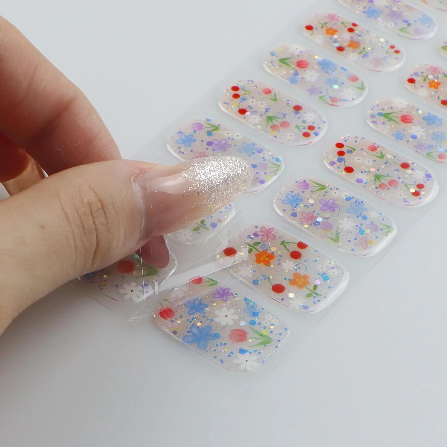 JMEOWIO Naklejki żelowe do paznokci Kolorowy kwiat Brokat Częściowo utwardzone żelowe paski/owijki do paznokci Materiały UV/LED Nail Art Zdobienie paznokci Akcesoria dekoracyjne