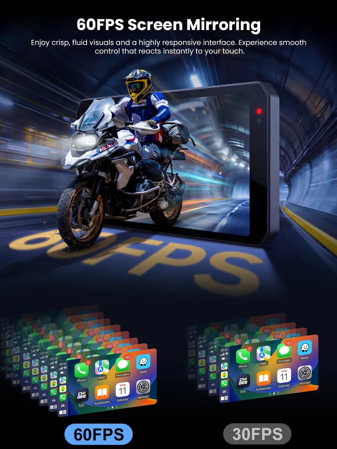 CHIGEE AIO-5 Evo 5" motocykl Carplay System nawigacji GPS z bezprzewodową funkcją CarPlay i Android Auto, podwójny aparat 1080p, wykrywanie punktu w ciemno, sterowanie kamerą akcji, wodoodporność