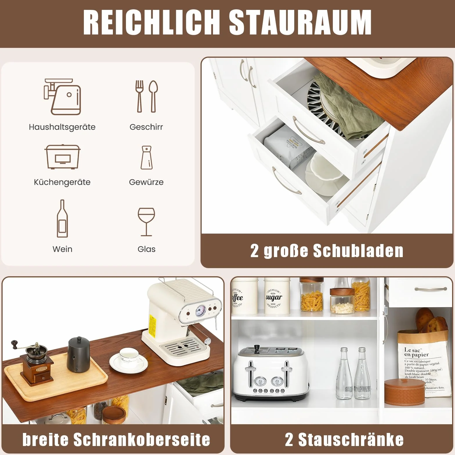 COSTWAY Kredens biały, szafka kuchenna z blatem roboczym 100 x 40 cm, szafka bufetowa z drzwiami i szufladami oraz regulowanymi półkami, wyspa kuchenna do kuchni, jadalni, JV11059WHDE
