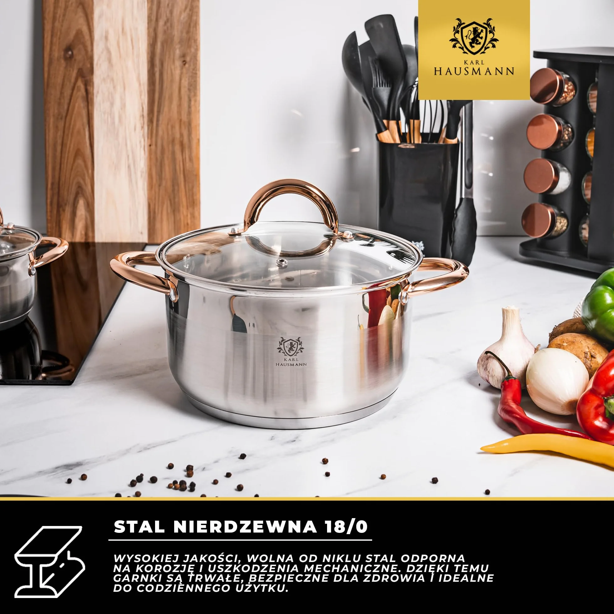 KARL HAUSMANN Mały Garnek ze Stali Nierdzewnej - 1.6L - Ø 16 cm - ze Szklaną Pokrywką - do Gotowania Zupy, Makaronu, Spaghetti - Kompatybilny ze Wszystkimi Rodzajami Kuchenek, w tym Indukcją