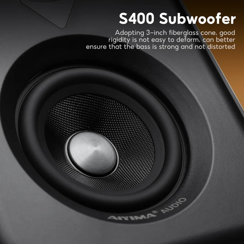 AIYIMA S400 Ulepszony aktywny głośnik regałowy 2.1, 3" (7,6 cm) 80 W HiFi Stereo aktywne głośniki, Bluetooth 5.3, optyczny, USB, RCA, sub-out, głośnik Bluetooth do komputera i kina domowego
