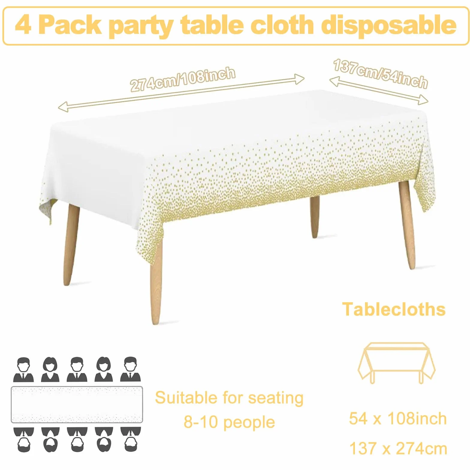 4-pak plastikowych jednorazowych obrusów, 137 x 274 cm, biały i złoty obrus imprezowy w kropki, na ślub, piknik, urodziny, baby shower, zaręczyny, artykuły świąteczne