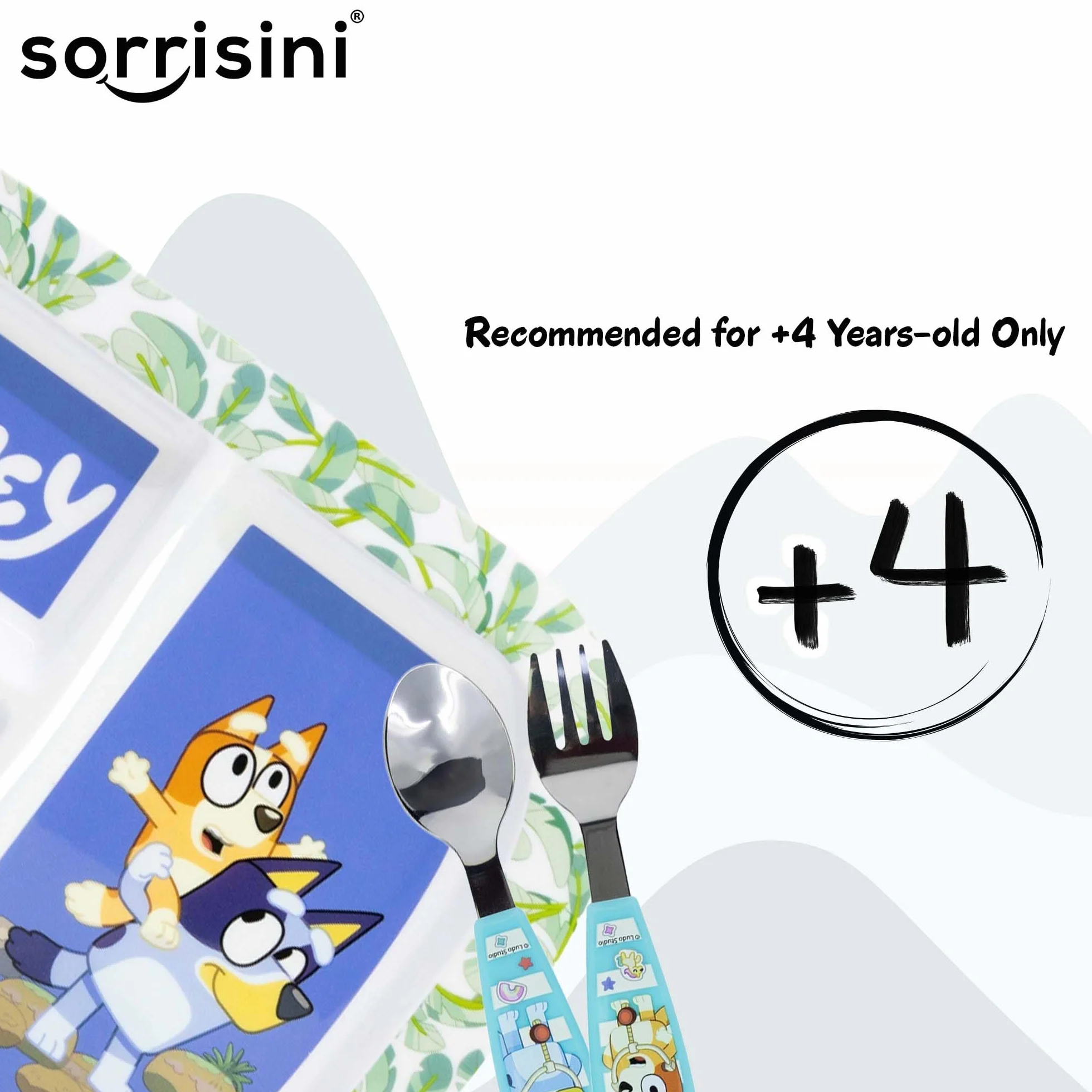 Zestaw naczyń dla dzieci, 3-częściowy zestaw sztućców z dzielonym talerzem, sztućce ze stali nierdzewnej, plastikowe naczynia do kuchenki mikrofalowej na dodatkowe jedzenie, Bluey Design