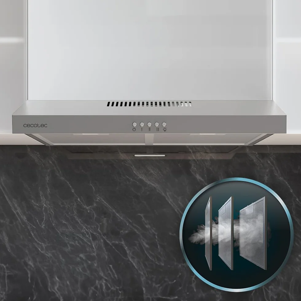 Cecotec 60 cm Szerokość Bolero Flux CM 602200 Inox B. Moc ssania 220m3/h, Silnik 70W, niskie zużycie energii, sterowanie mechaniczne, 3 poziomy mocy, Wykończenie ze stali nierdzewnej