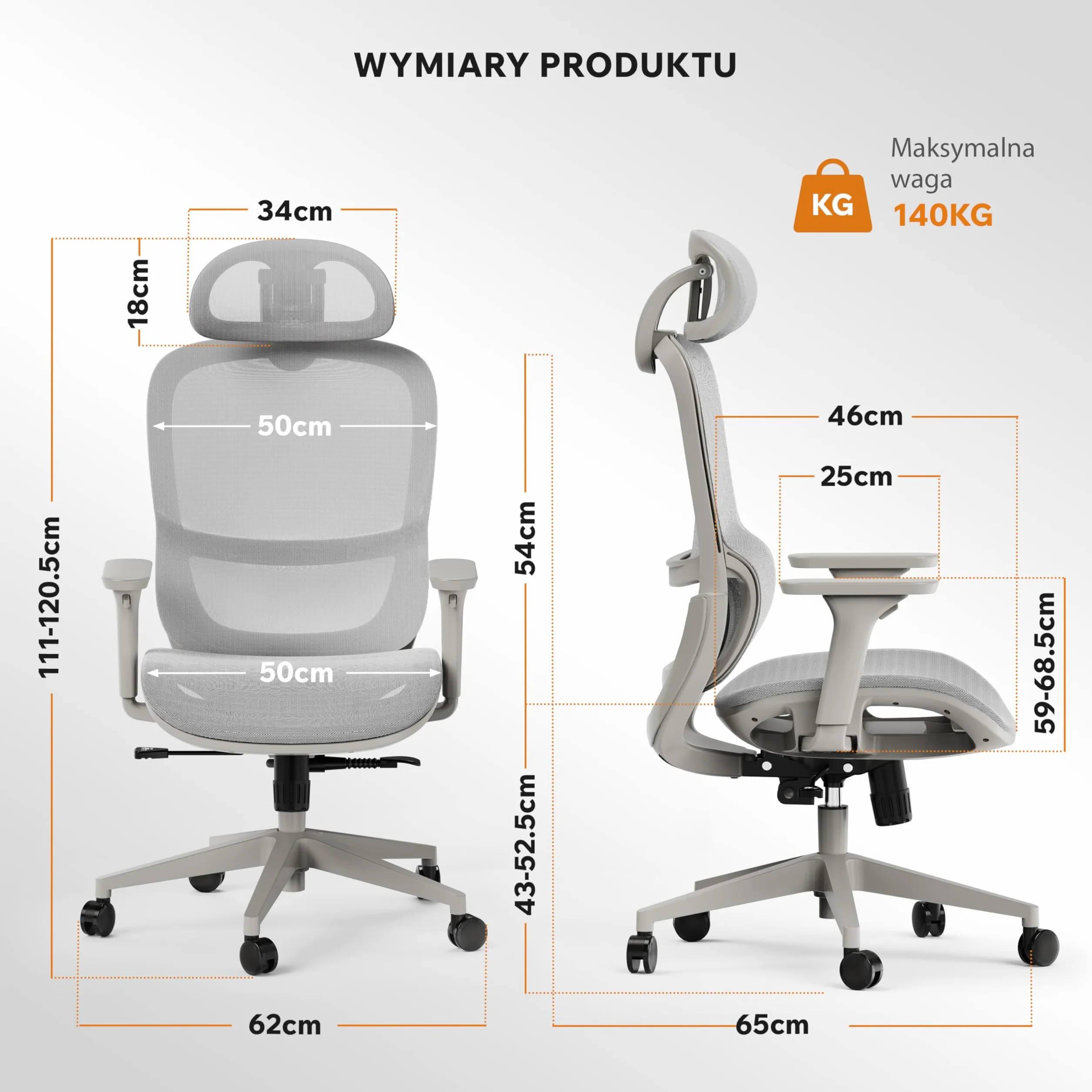 SENSE7 Krzesło Biurowe Ergonomiczne Neyo Fotel Obrotowy z Regulowanymi Podłokietnikami Zagłówek 3D Siatka Mesh Nachylenie 140° Szary