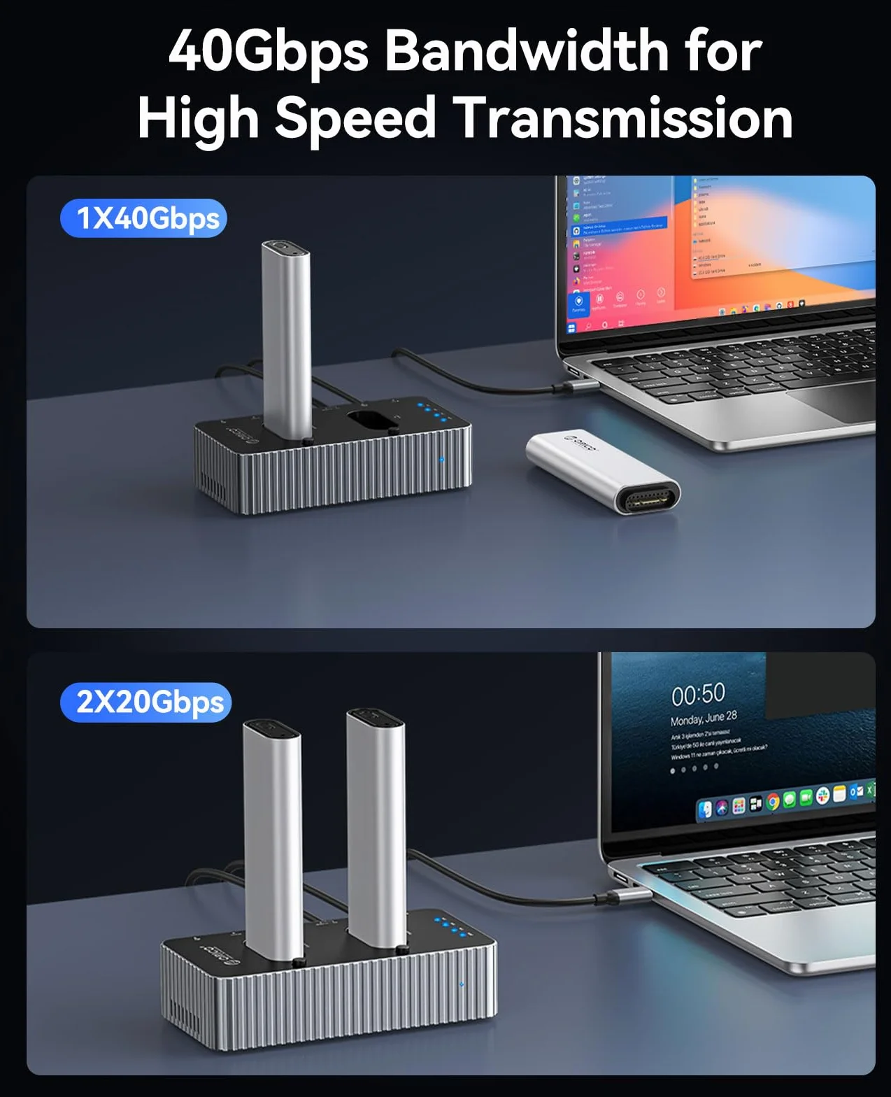 ORICO M.2 NVMe SSD Clone Stacja dokująca, 40 Gbps M2 NVMe SSD Cloner Dock, Dual Bay M.2 NVMe SSD stacja dokująca z wentylatorem, obsługuje klonowanie offline, kompatybilna z NVMe SSD 2230/2242/2260