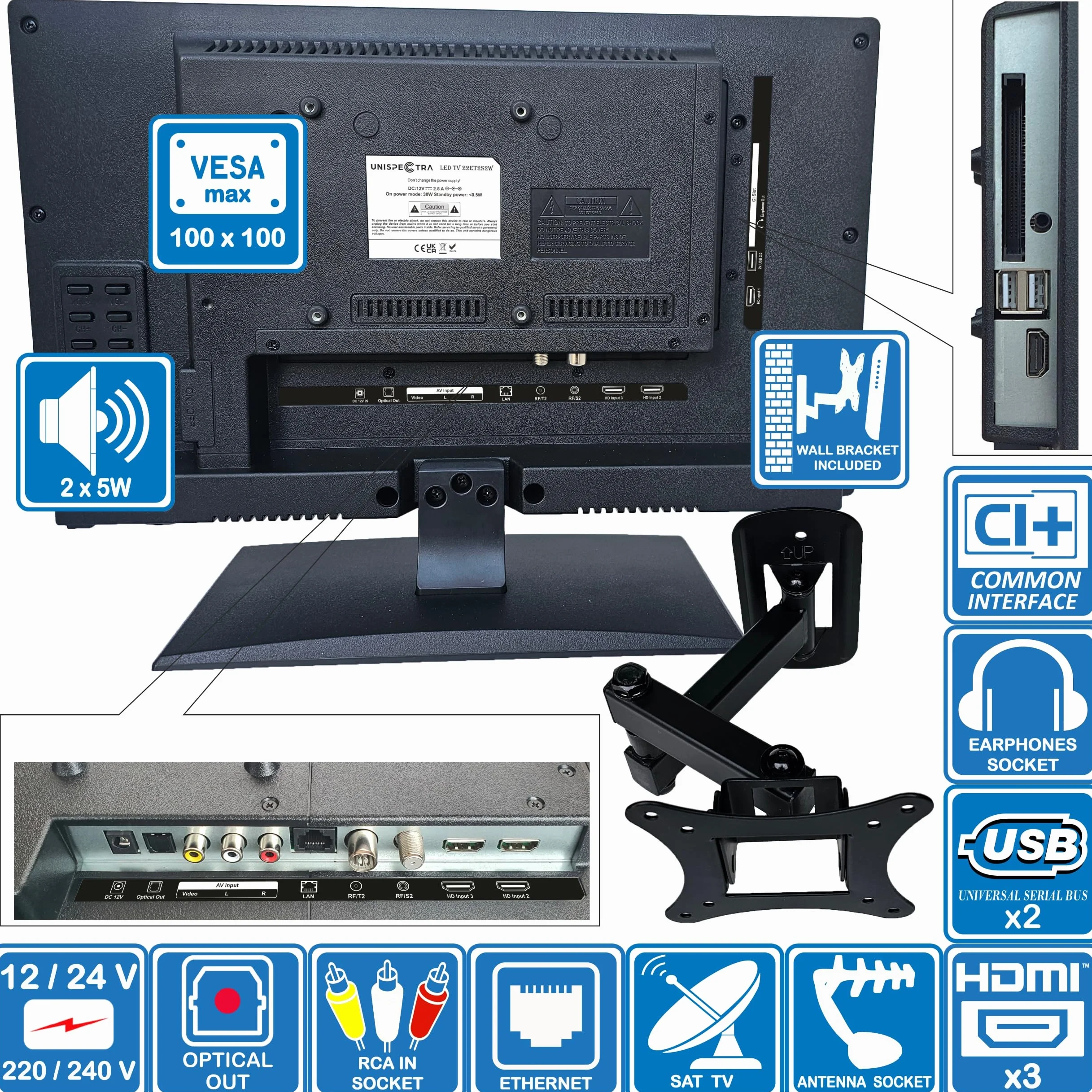 Unispectra ® 22” Smart TV (webOS) FHD 230V 12V 24V potrójny tuner, 3x HDMI, 2x USB, pilot Magic. Telewizor 12 V do samochodów I przyczep kempingowych, ciężarówek, łodzi
