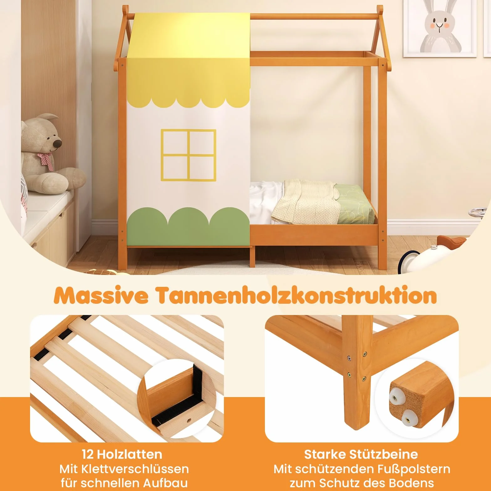 COSTWAY Łóżko dziecięce drewniane 70 x 140 cm ze zdejmowanym baldachimem