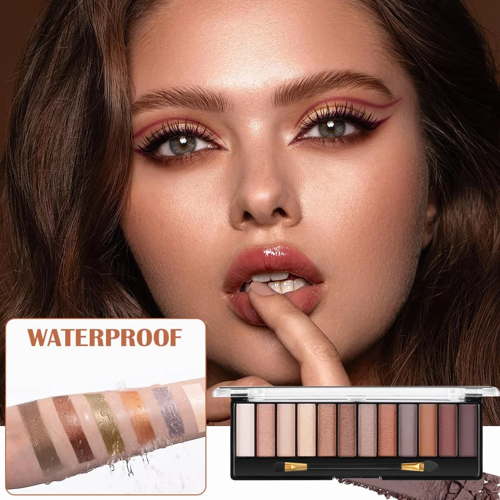 T Paleta cieni do powiek, zestaw cieni do powiek, 12 odcieni, zestaw do makijażu oczu dla naturalnego wyglądu i długotrwałych odcieni, matowe i błyszczące wykończenie, przenośne palety cieni do