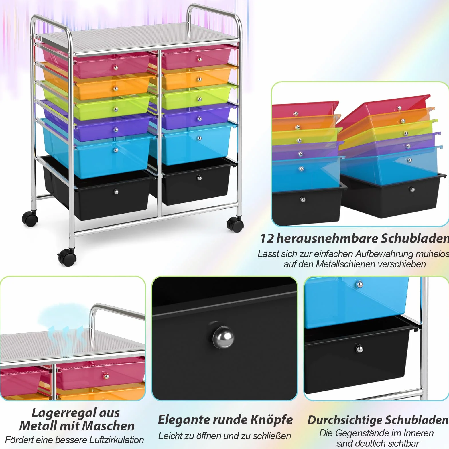 COSTWAY Wózek na kółkach z 12 szufladami metalowy stelaż półka do przechowywania biuro salon przezroczysty kolorowy