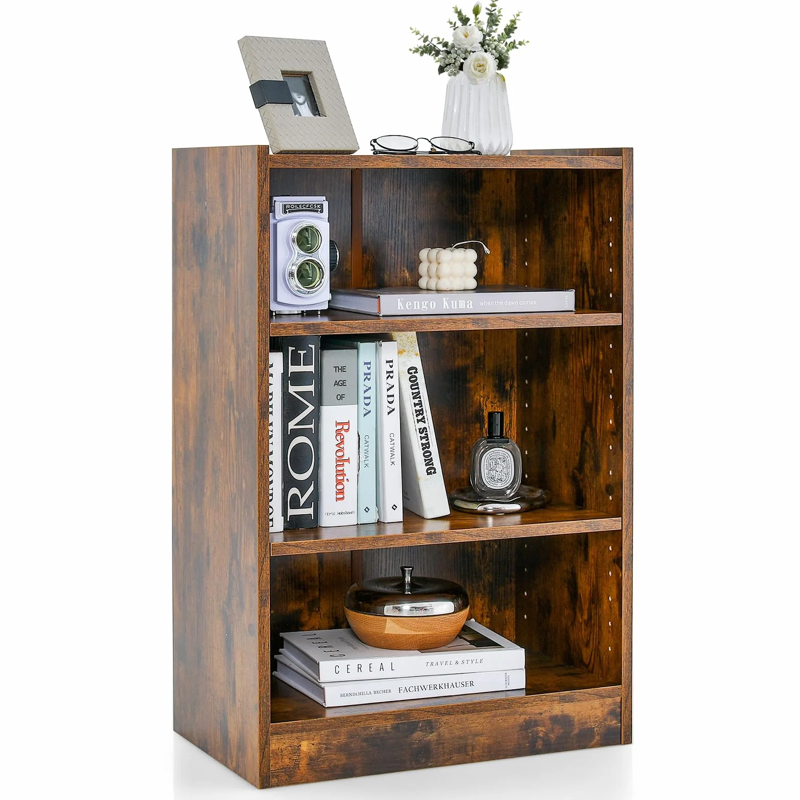 COSTWAY Regał na książki, regał stojący z 3 półkami, regał z regulowanymi półkami, do salonu, sypialni, gabinetu, 30 x 50 x 75 cm, brązowy vintage