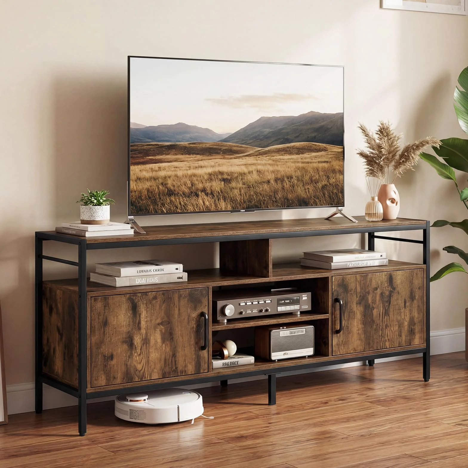 COSTWAY Szafka pod telewizor 65" 147x35x63.5 cm brązowa z metalowymi nogami