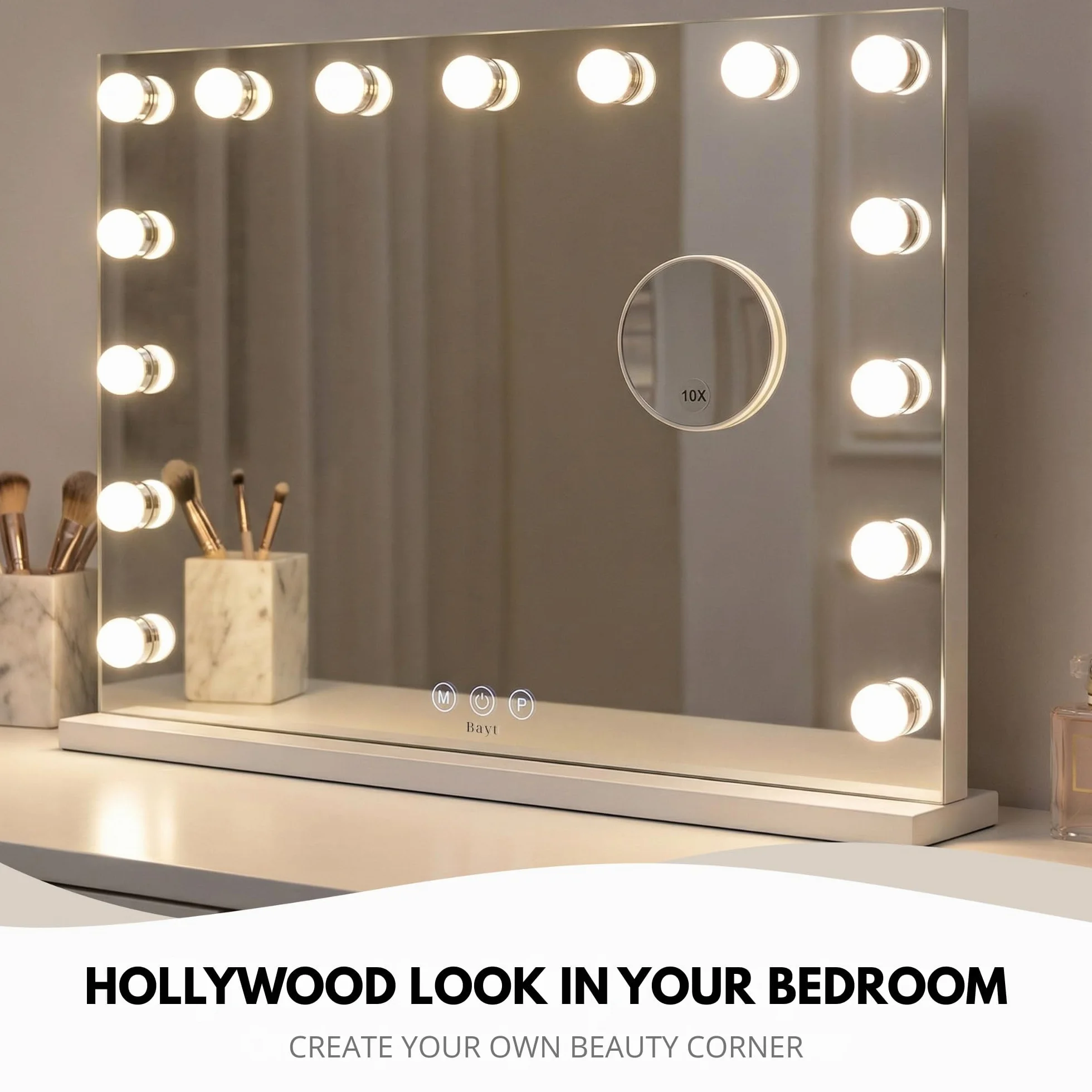 Lusterko do Makijażu z Oświetleniem 10x Powiększenie 58x46 cm Białe Dotykowe Ściemnianie