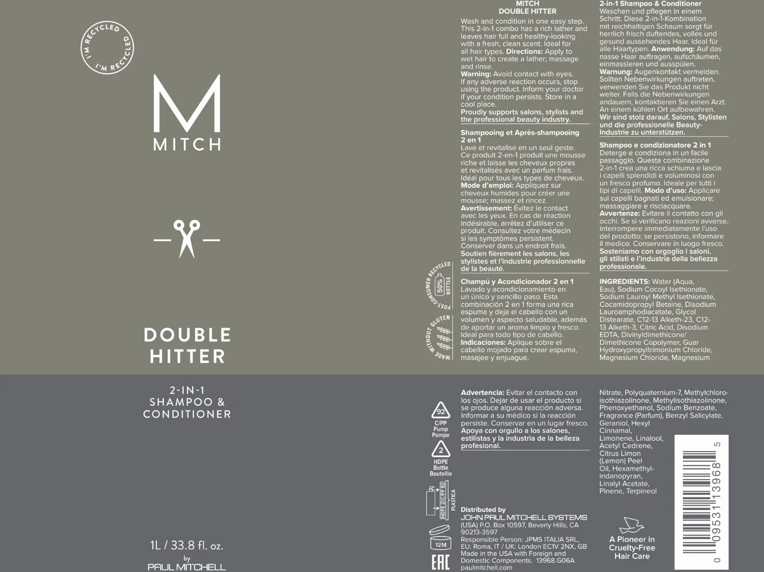 Paul Mitchell MITCH Double Hitter szampon i odżywka – 2 w 1 głęboko oczyszczający szampon dla mężczyzn, pielęgnacja włosów, szampon do delikatnego czyszczenia