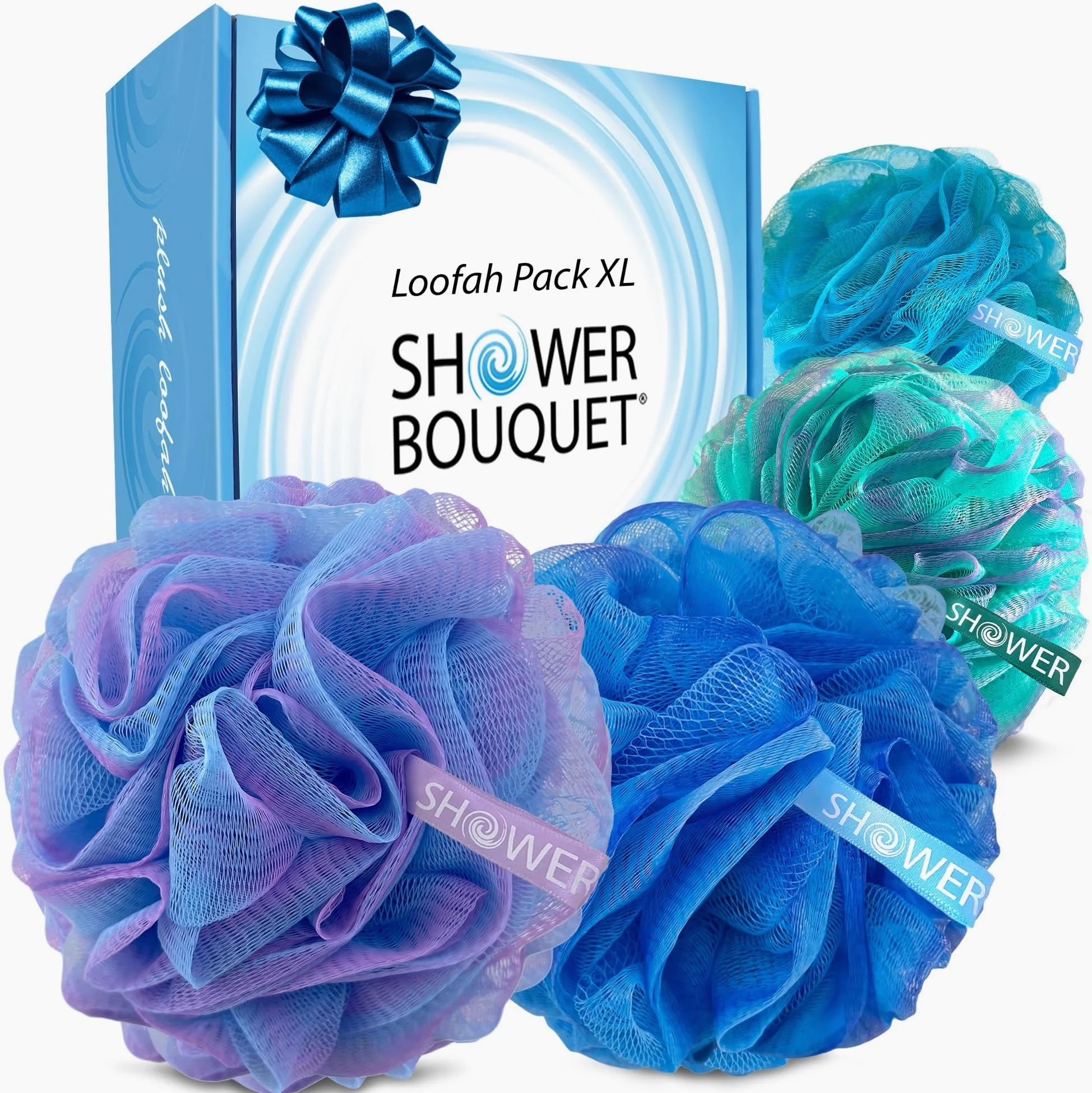 Loofah Gąbka do kąpieli - głęboki zestaw-XL-75 g od bukietu prysznicowego - bardzo duże 4 opakowania, miękka siatka z siatki Luffa Loofa Loufa Puff - złuszczający peeling do ciała dla kobiet i mężczyzn: kojący złuszczacz do twarzy i ciała