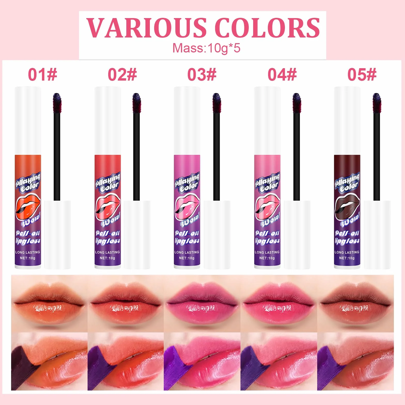 Peel Off Lip Stain Zestaw 5 Kolorów, Odciek do ust z matowym wykończeniem, długotrwały i wodoodporny, wysoce pigmentowany, błyszczyk do ust pozostanie na cały dzień