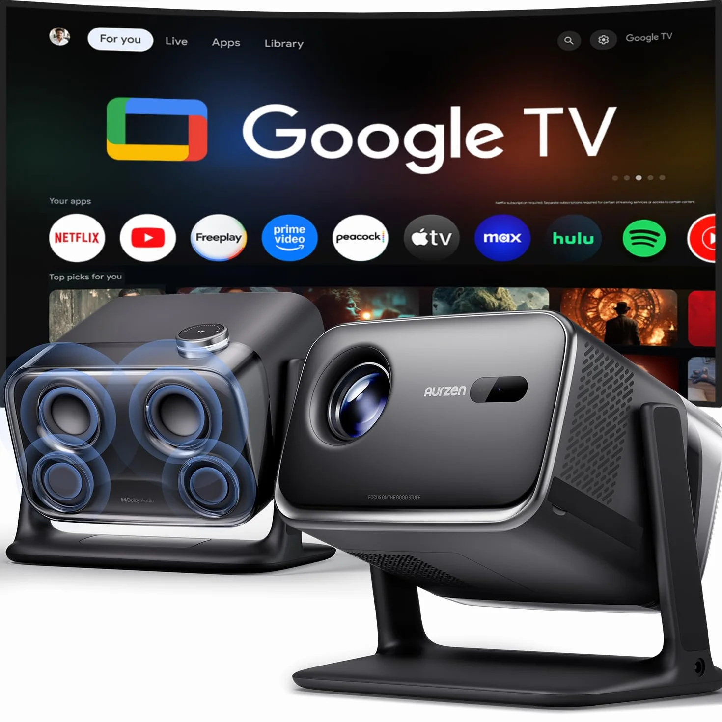 Aurzen Boom Mini 4 w 1 inteligentny projektor z Google TV, kino domowe i projektor zewnętrzny z obsługą 4K, dźwięk Dolby 20 W, projektor 500 ANSI, autofokus ToF i korekcja trapezu