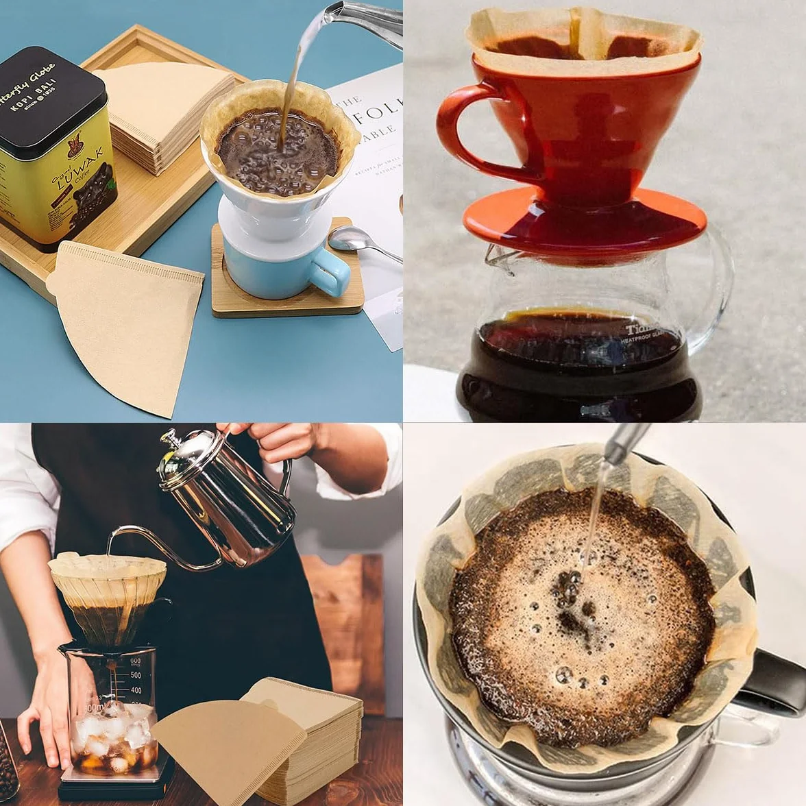100 sztuk stożkowych filtrów do kawy, do ekspresów 2-4 filiżanki, niebielone jednorazowe naturalne filtry bez chemikaliów, kompatybilne z stożkowym zaparzaczem do kawy typu pour over i ekspresem