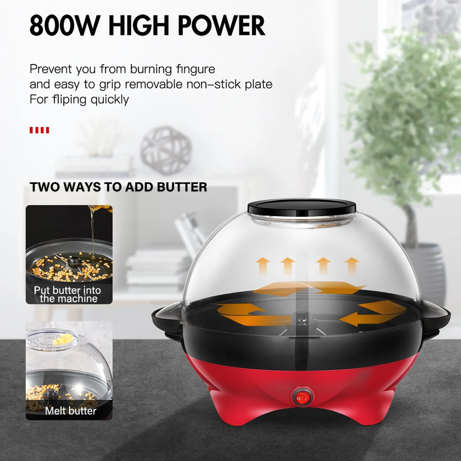 Yabano Domowa maszyna do popcornu 5 l, 800 W, nieprzywierająca płyta grzewcza, automatyczne mieszanie