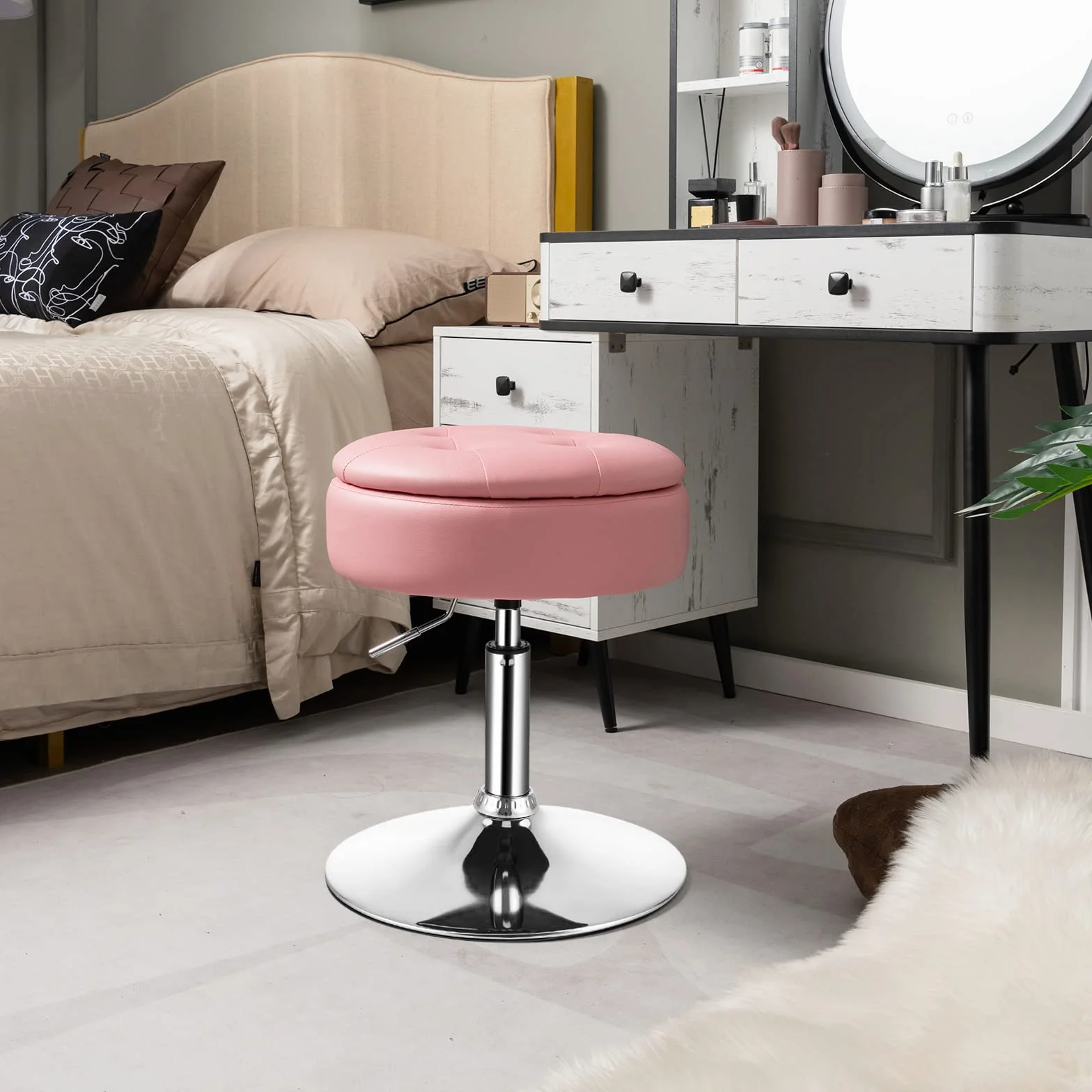 COSTWAY Taboret do Makijażu Obracany 360°, Toaletki z Miejscem do Przechowywania, Wysokość Siedziska 51-66 cm, Tapicerowany, Różowy