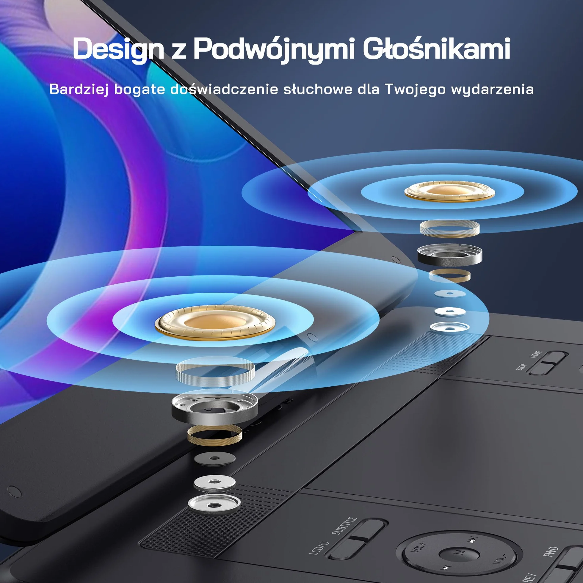 WOLFANG 17,5" Przenośny Odtwarzacz DVD z 15,6" Dużym Wyświetlaczem HD, Akumulatorem 5000mAh, Bez Ograniczeń Regionalnych, Dwoma Głośnikami Stereo, Obsługą USB/SD/Synchronizacji TV/Ekranu Projektora