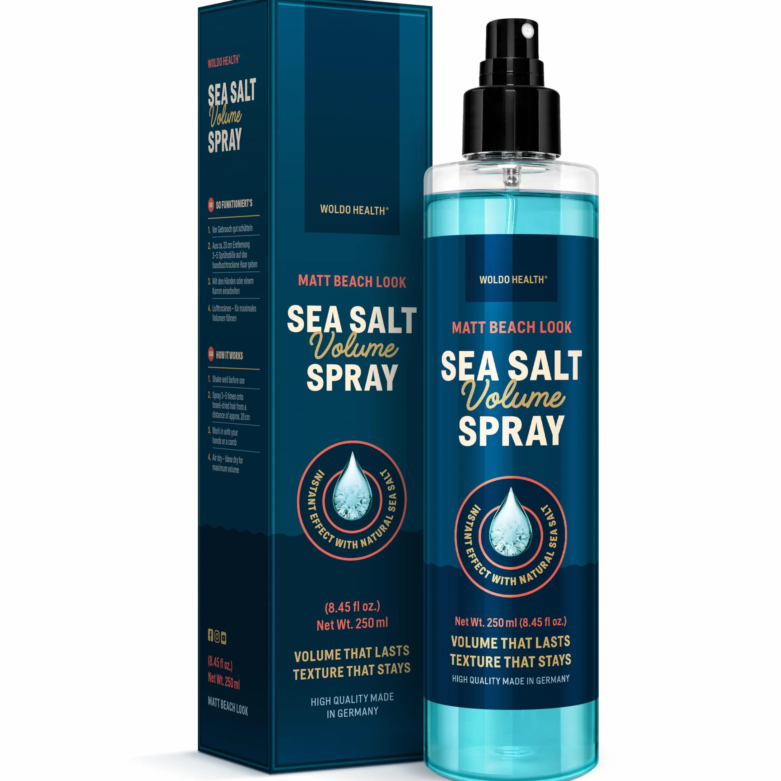 WoldoHealth Sea Salt Spray 250ml – Dla większej objętości i tekstury, matowy beach look, nie skleja, subtelny zapach unisex, do włosów cienkich, krótkich i długich
