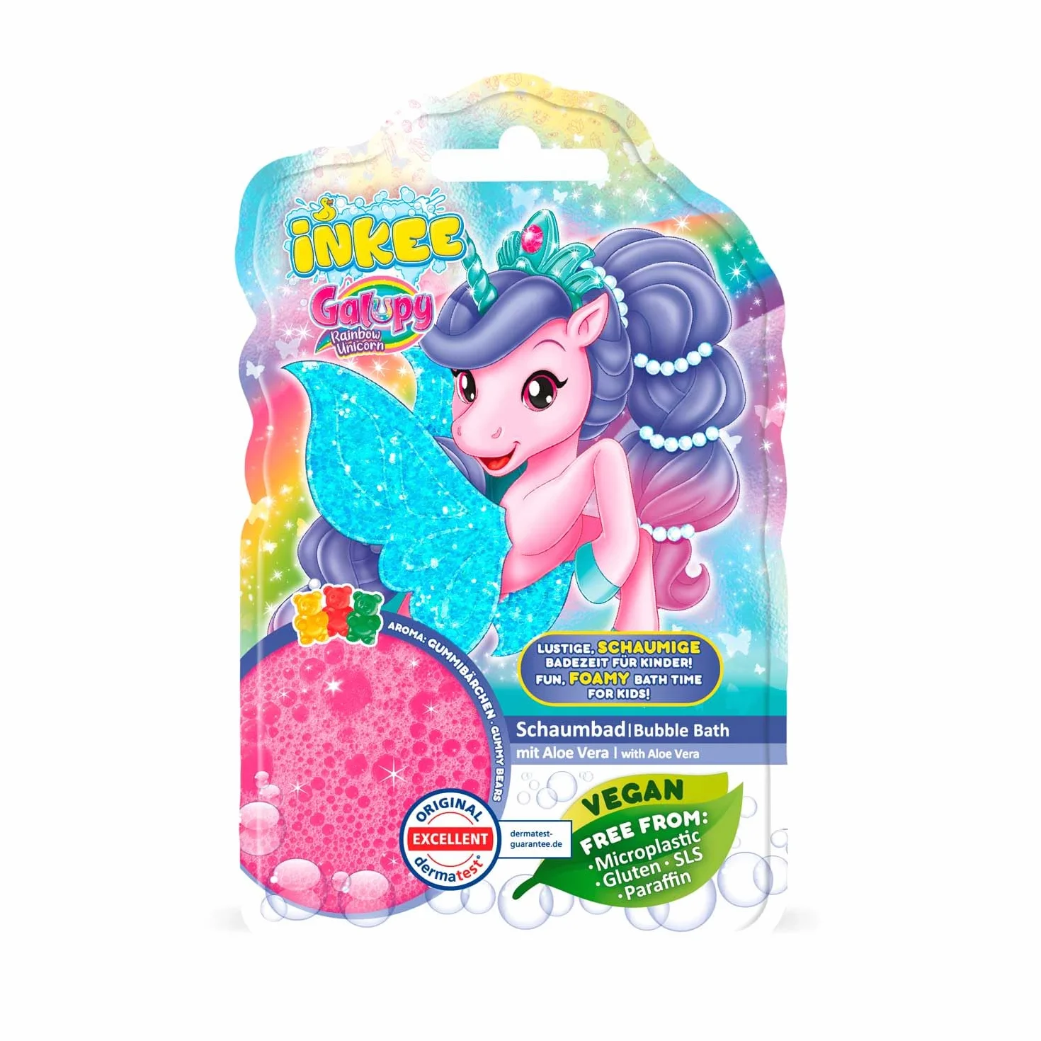 INKEE Płynna Pianka do Kąpieli Galupy Unicorn | Jednorożcowy Płyn do Kąpieli dla Dzieci z Aloesem i Aromatem Żelków Haribo, 40g