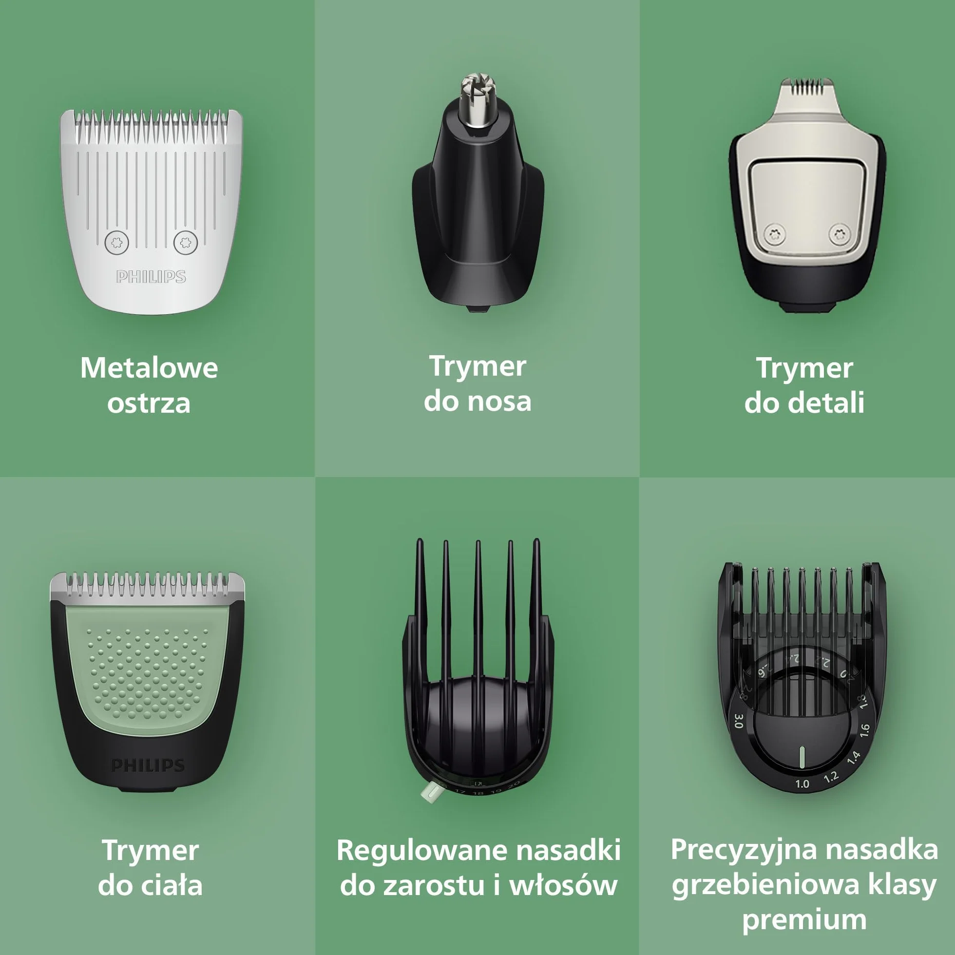 16-elementowy trymer Philips Multigroom All-in-One z serii 7000: trymer do twarzy, głowy i ciała, samoostrzące się metalowe ostrza, 21 ustawień długości (0,5-16 mm), model MG7931/15