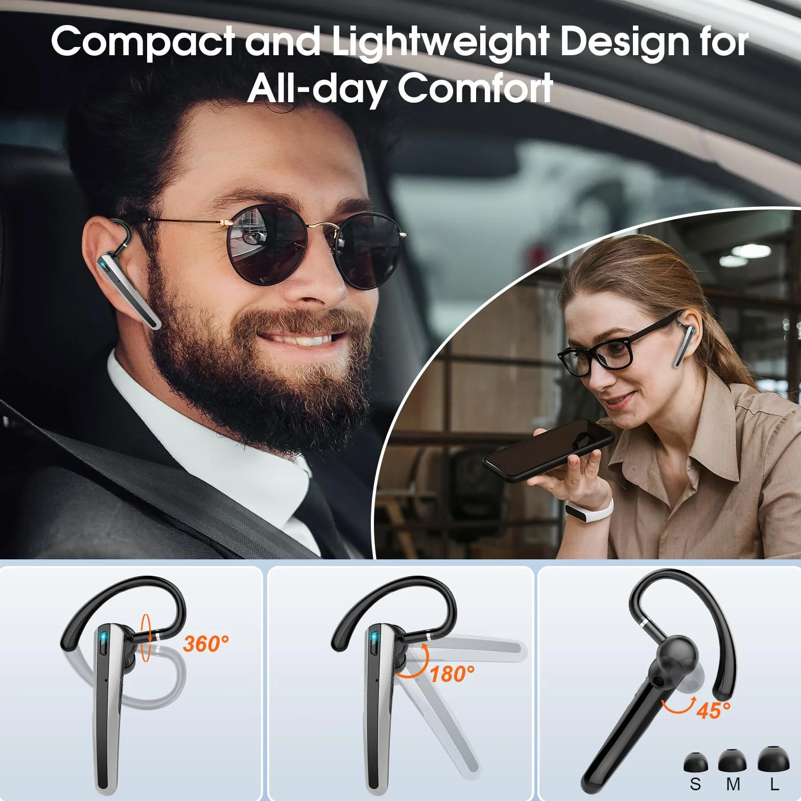 V5.3 zestaw słuchawkowy Bluetooth, bezprzewodowy zestaw głośnomówiący z podwójnym mikrofonem ENC, czas odtwarzania 120 godzin z ładowarką LED, zestaw słuchawkowy z mikrofonem do telefonów