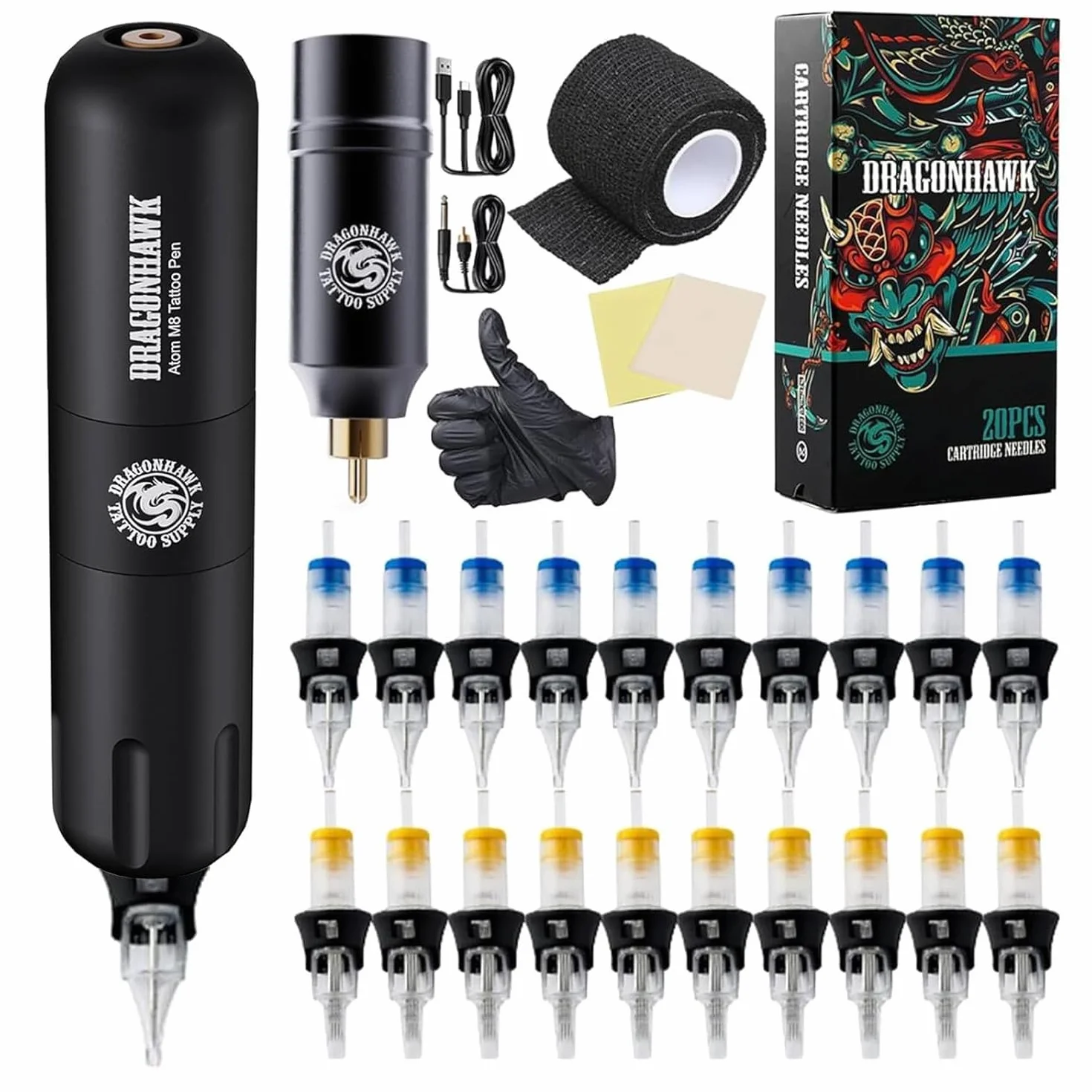 Dragonhawk Tattoo Kit Rotary Tattoo Machine Pen Wireless Battery Tattoo Power Supply RCA Jack Tattoo Needles