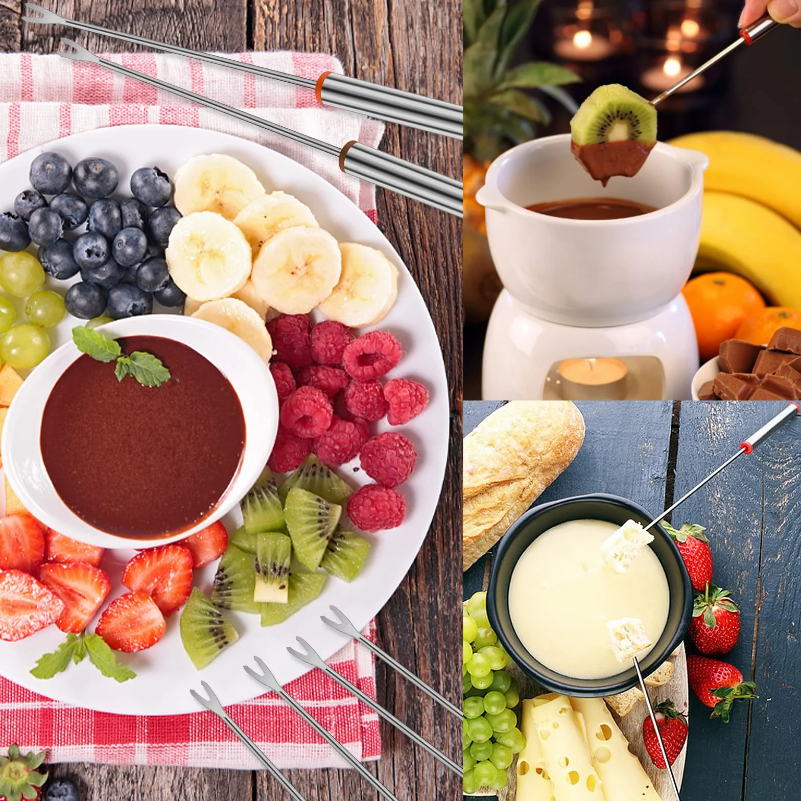 Prasacco 12 Szt. Widelców do Fondue 25 cm - Patyczki ze Stali Nierdzewnej z Odpornym na Ciepło Uchwytem do Sera, Czekolady, Pieczenia Mięsa
