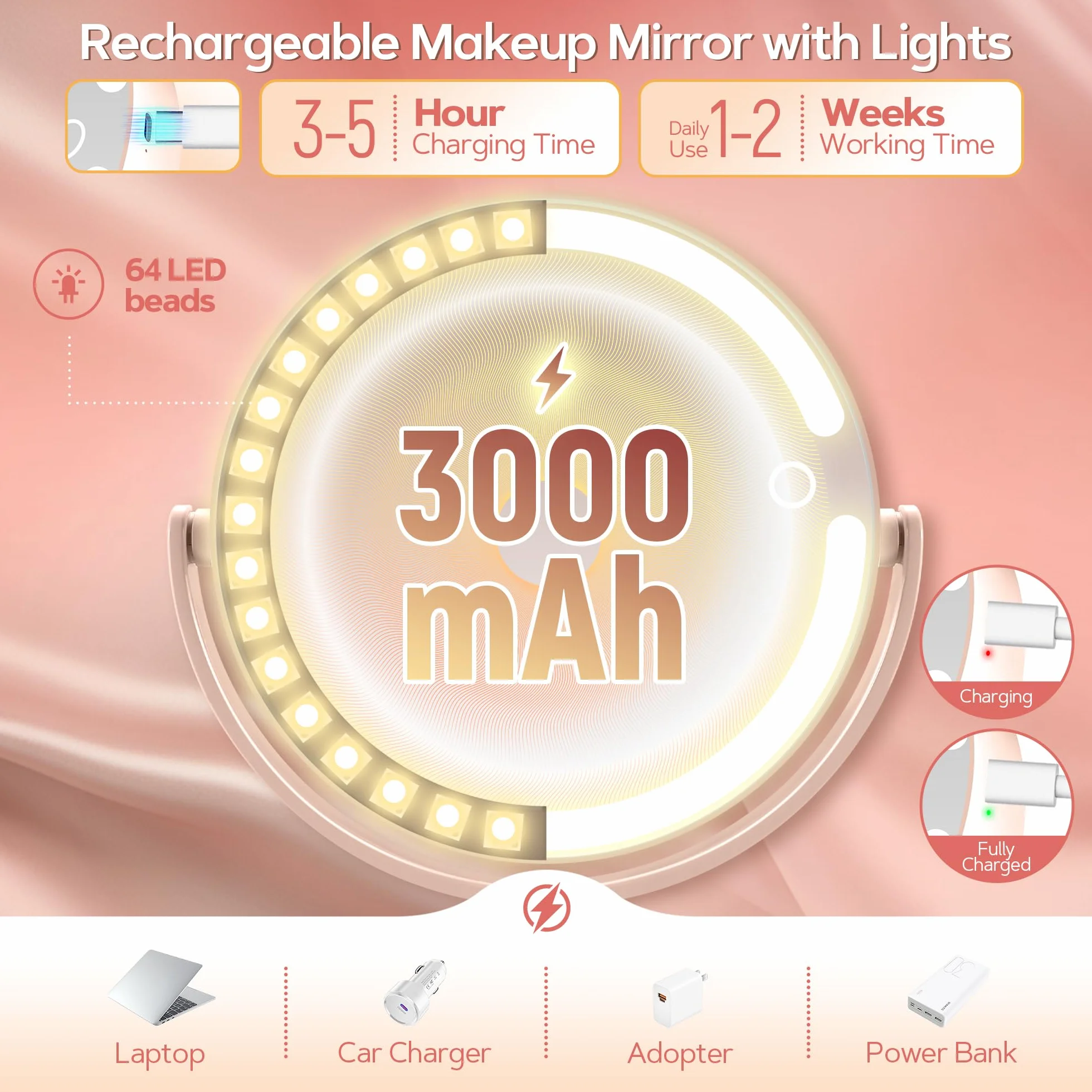 B Beauty Planet Podświetlane lustro do makijażu, 20 x powiększające, 3 kolorowe światło, ściemniane diody LED i regulacja wysokości, 2-stronne lusterko kosmetyczne do łazienki, prezent dla kobiet