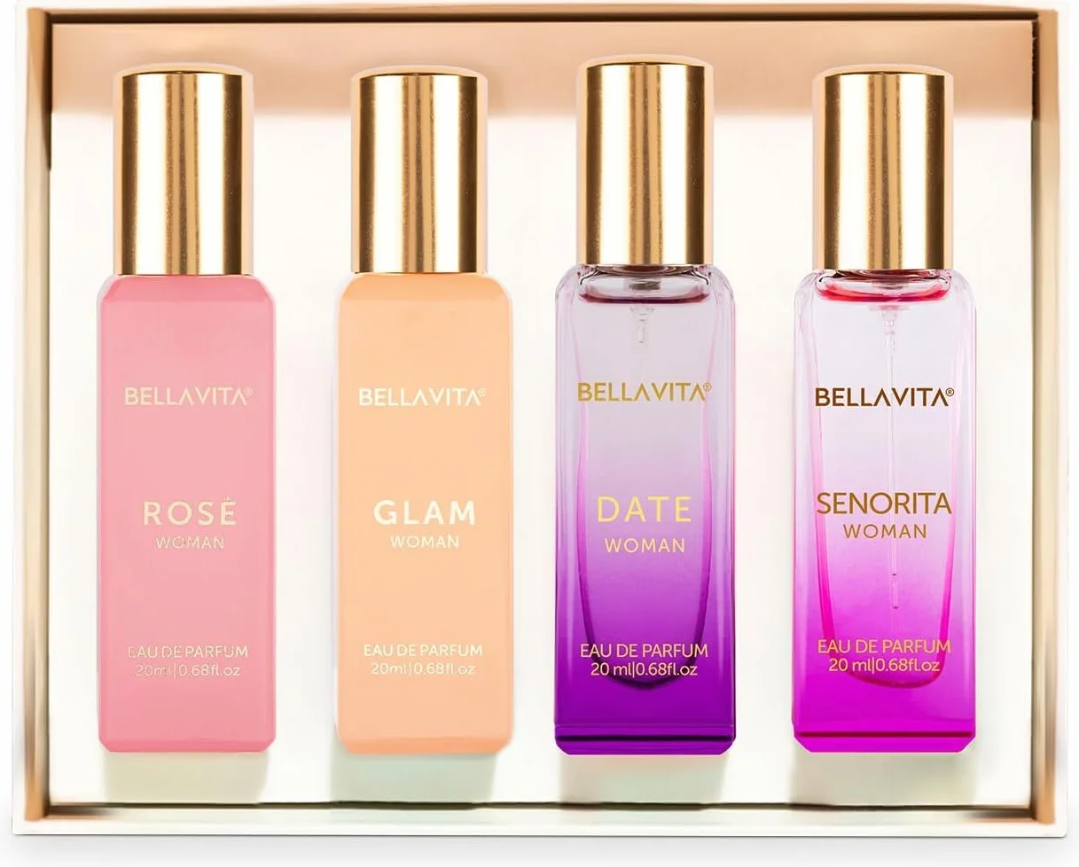 BellaVita Luksusowy zestaw upominkowy dla kobiet (4 x 20 ml) | DATA, SENORITA, GLAM, ROSE | Sweet Floral, Musk & Vanilla Perfume | Cologne Pheromone Perfume for Women | Zestaw upominkowy dla kobiet |