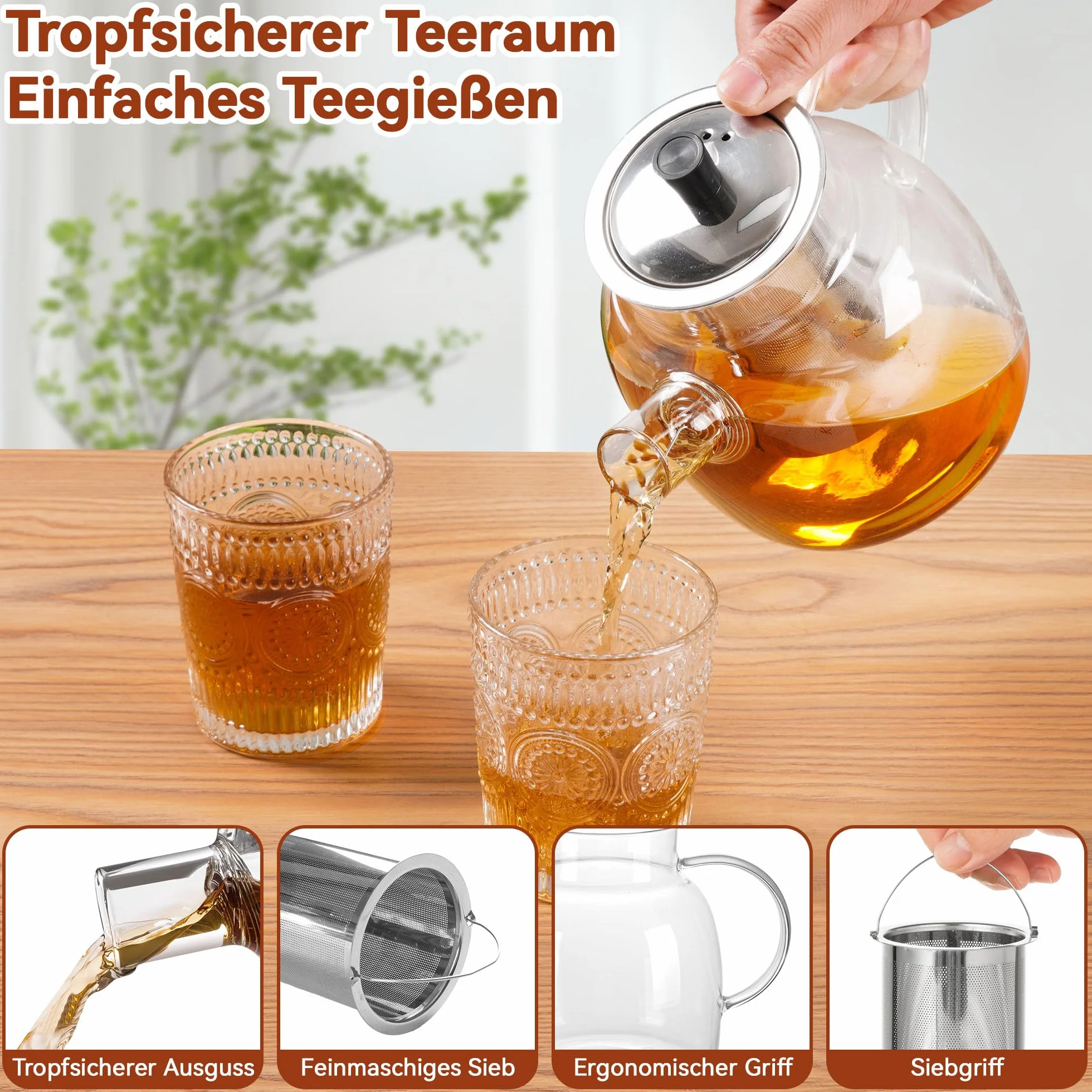 Szklany dzbanek do herbaty 1500 ml z sitkiem ze szkła borokrzemowego