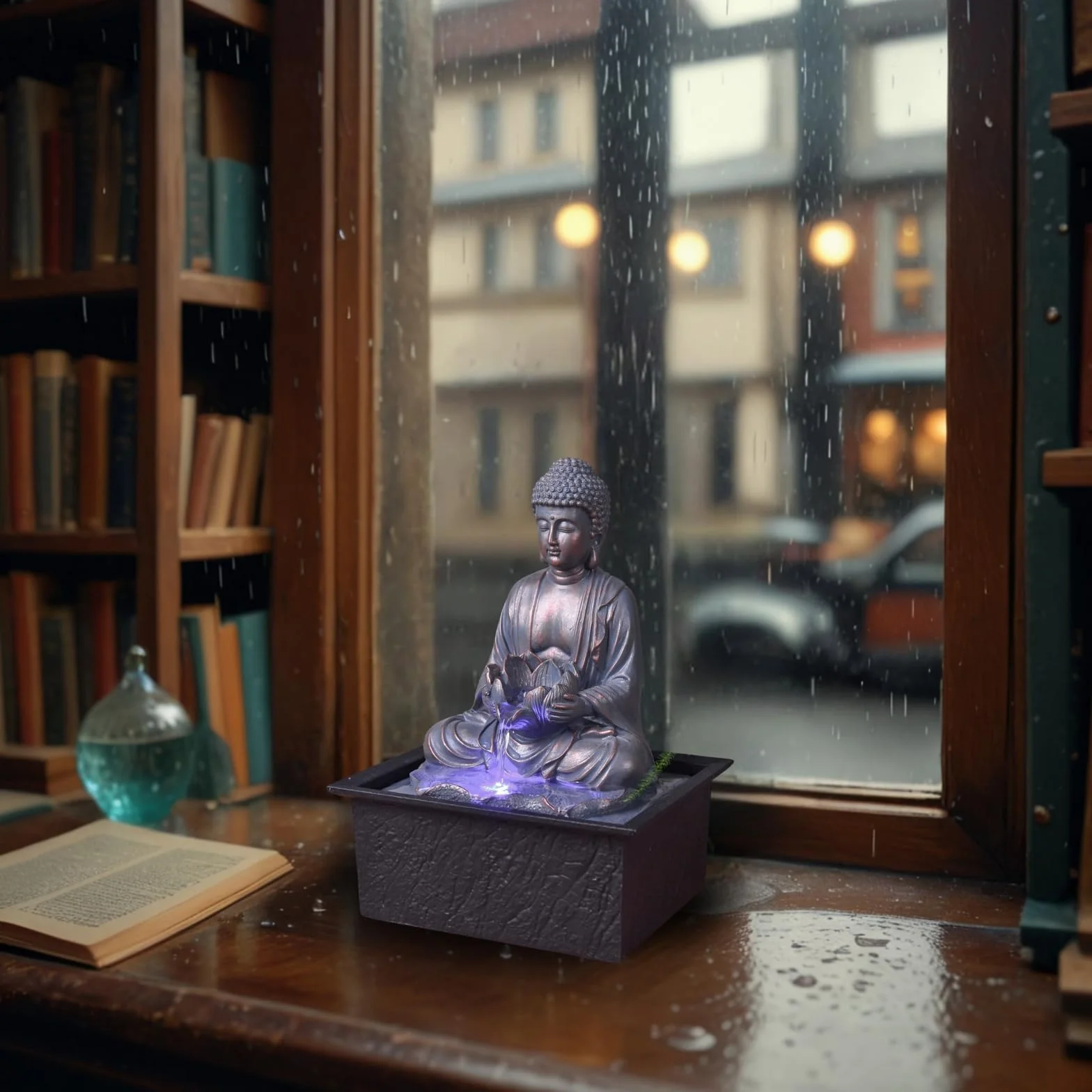 Fontanna wewnętrzna Budda Medytacja Lotos Kolorowe światło LED - Zen Deco Salon Sypialnia - Fontanna stołowa Relaksujący ruch - Przydatny prezent dla kobiet i mężczyzn - H 26cm - Sutra Zen'Light