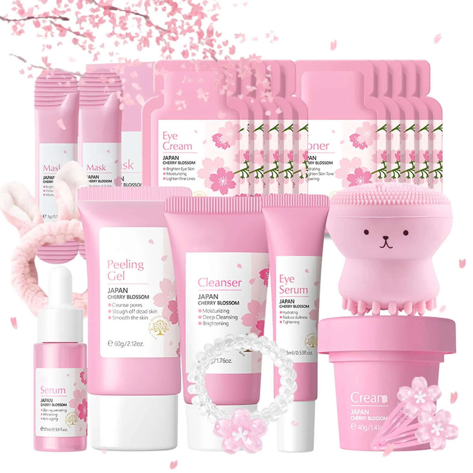 Zestaw do pielęgnacji twarzy dla dziewcząt i kobiet, przeciwzmarszczkowy zestaw do pielęgnacji twarzy, nawilżający zestaw Sakura Skincare z serum, kremem, maseczką, płynem oczyszczającym, tonerem