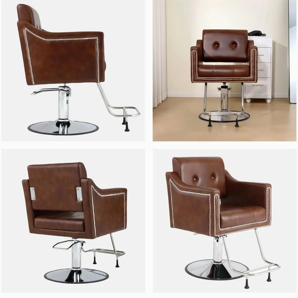 Fotel Fryzjerski, Hydrauliczny Fotel Fryzjerski, Hydrauliczny PodnośNik Z Obrotem O 360°, WyposażEnie Salonu Kosmetycznego, SkóRzany I Nitowany,Beige