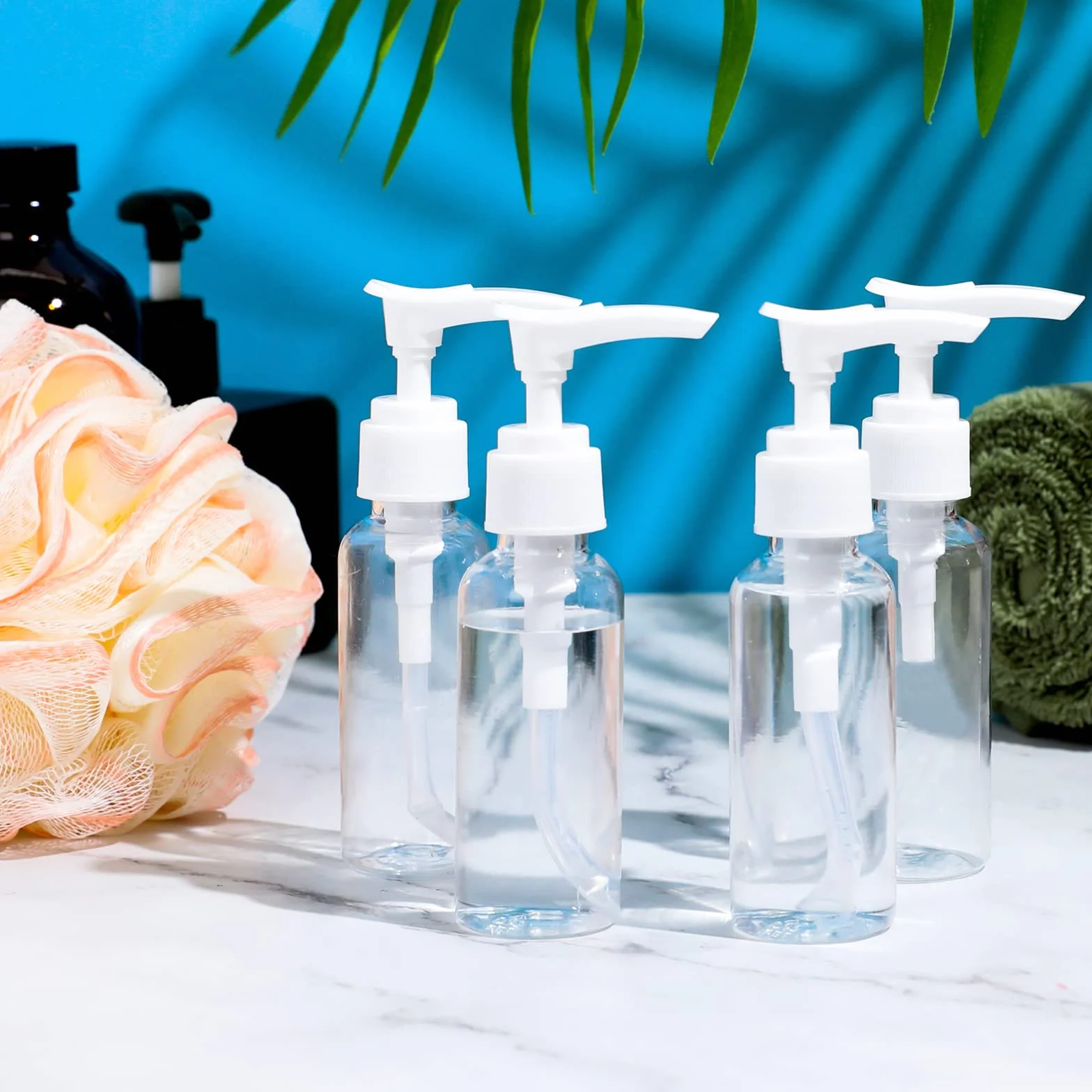 Sliverdew 4 przezroczyste butelki z pompką, 50 ml, do wielokrotnego napełniania, z tworzywa sztucznego, puste butelki podróżne do kosmetyków, balsamu, szamponu, mydła w płynie, 4 sztuki