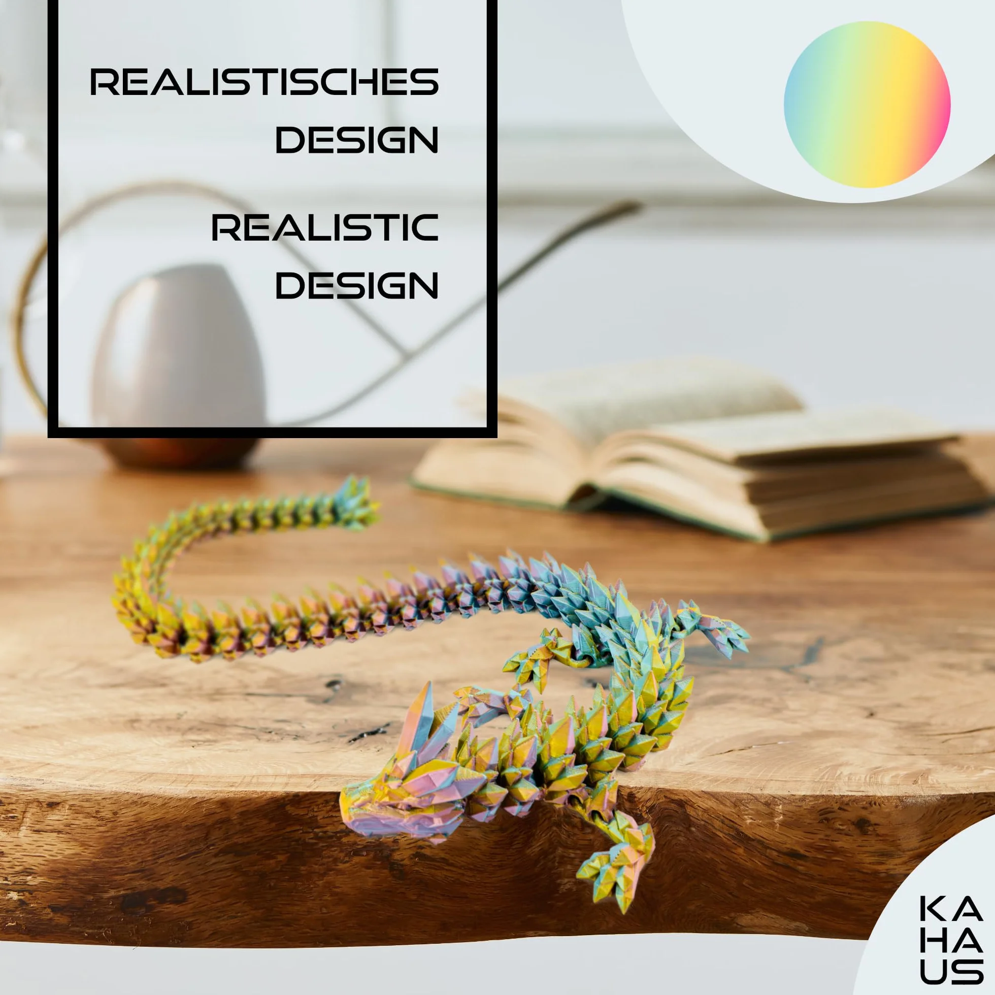 3D Smok – 60 cm dekoracyjna rzeźba fantasy w kolorach czerwono-żółto-zielonych, duża figurka kolekcjonerska z ruchomym elementem (14+)