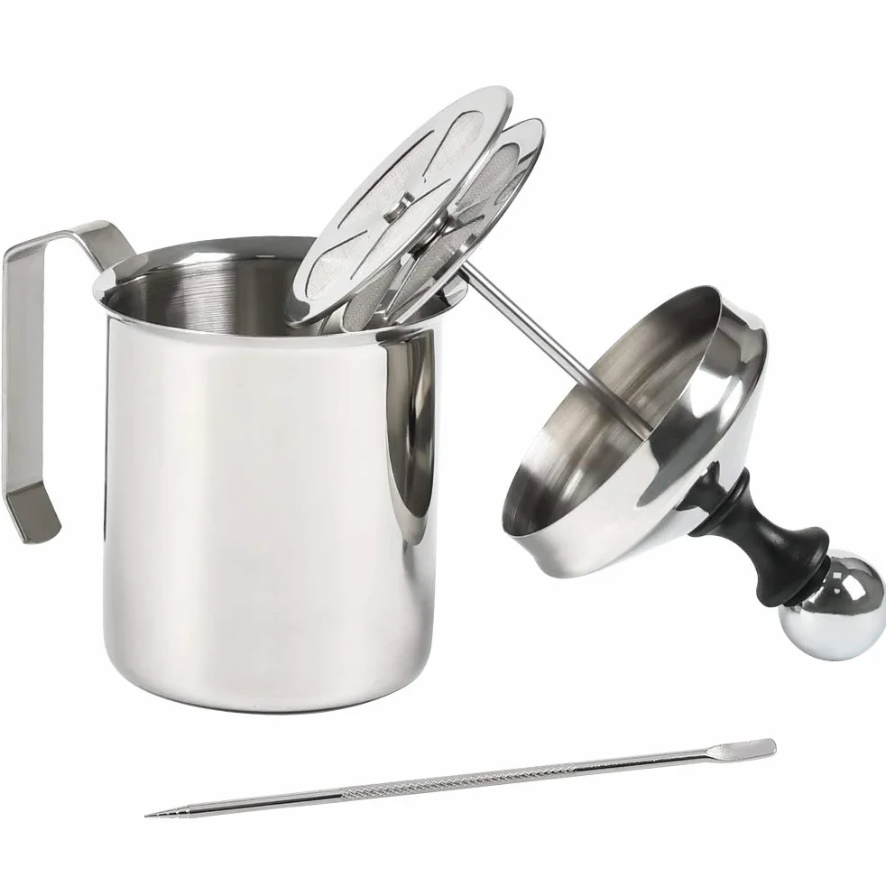 FOCCTS Spieniacz do mleka ze stali nierdzewnej, 500 ml, podwójna siatka, ręczny, srebrny, cappuccino