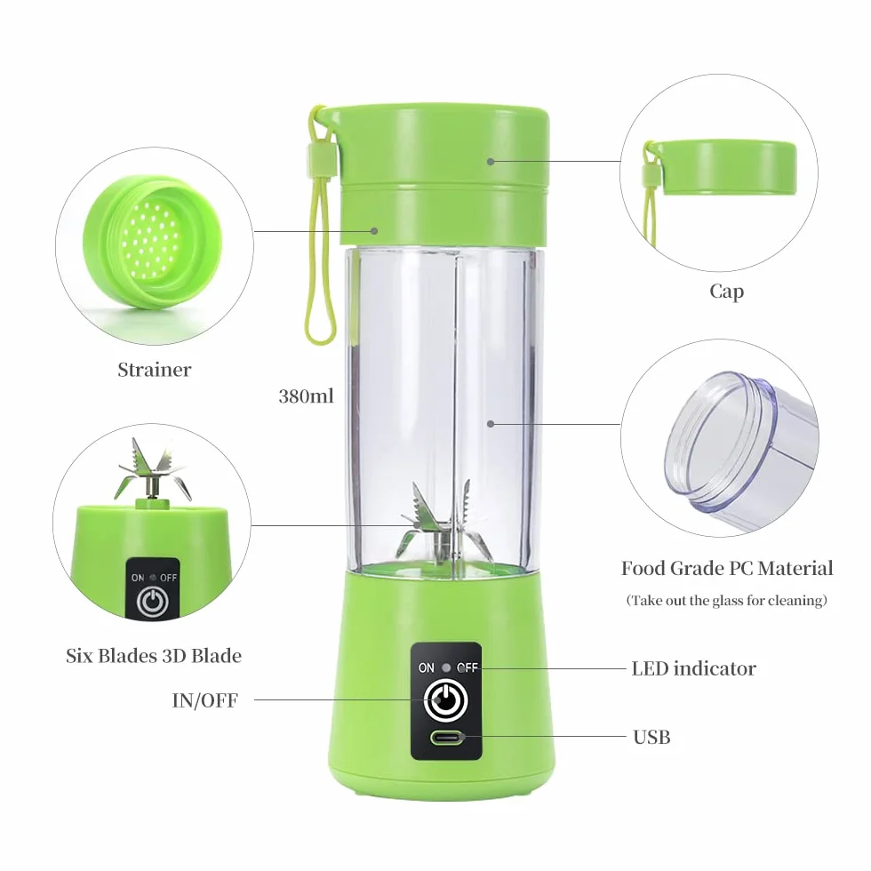 Przenośny blender 380 ml USB Power Blender 6 ostrzy do smoothie i koktajli zielony