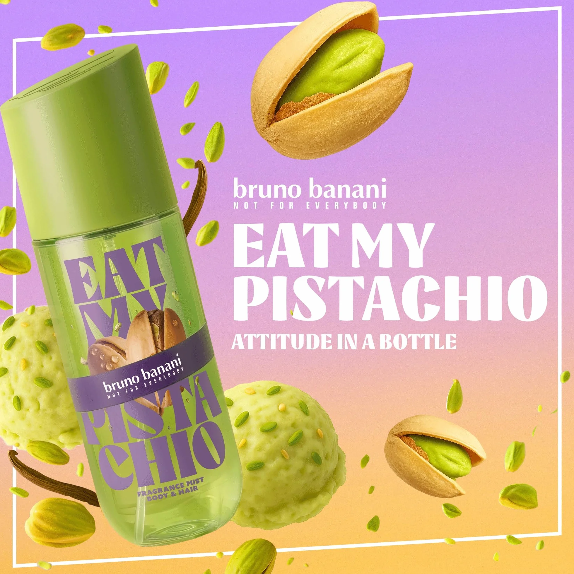 bruno banani Eat My Pistachio perfumowana mgła do ciała i włosów dla kobiet, odświeżająca, długotrwała, bursztynowy zapach gourmand, 236 ml