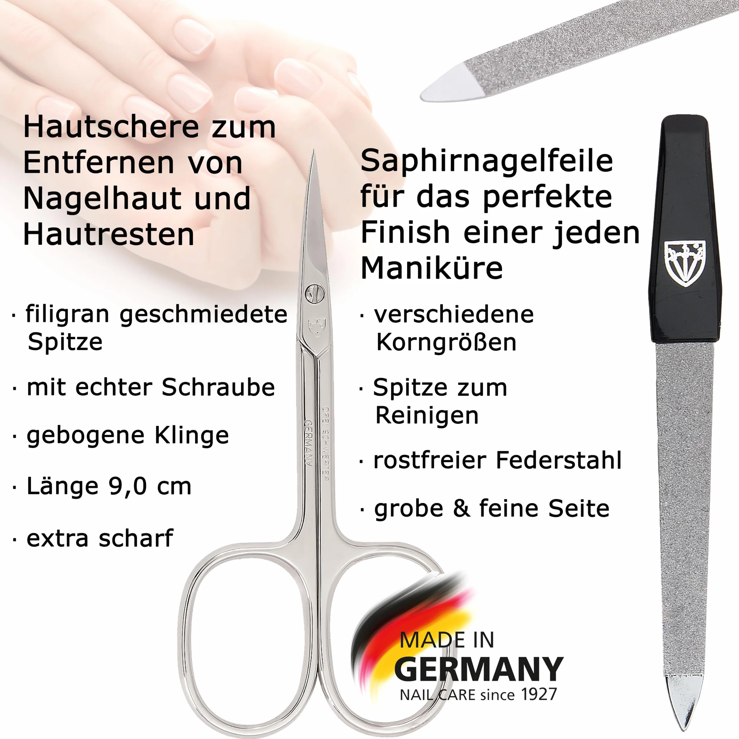 DREI SCHWERTER - 6-częściowy zestaw do manicure "Lucca" | zestaw do paznokci w etui z PRAWDZIWEJ SKÓRY | zawartość: nożyczki do skórki, 2 pęsety, podwójny instrument, obcinacz do paznokci, szafirowy