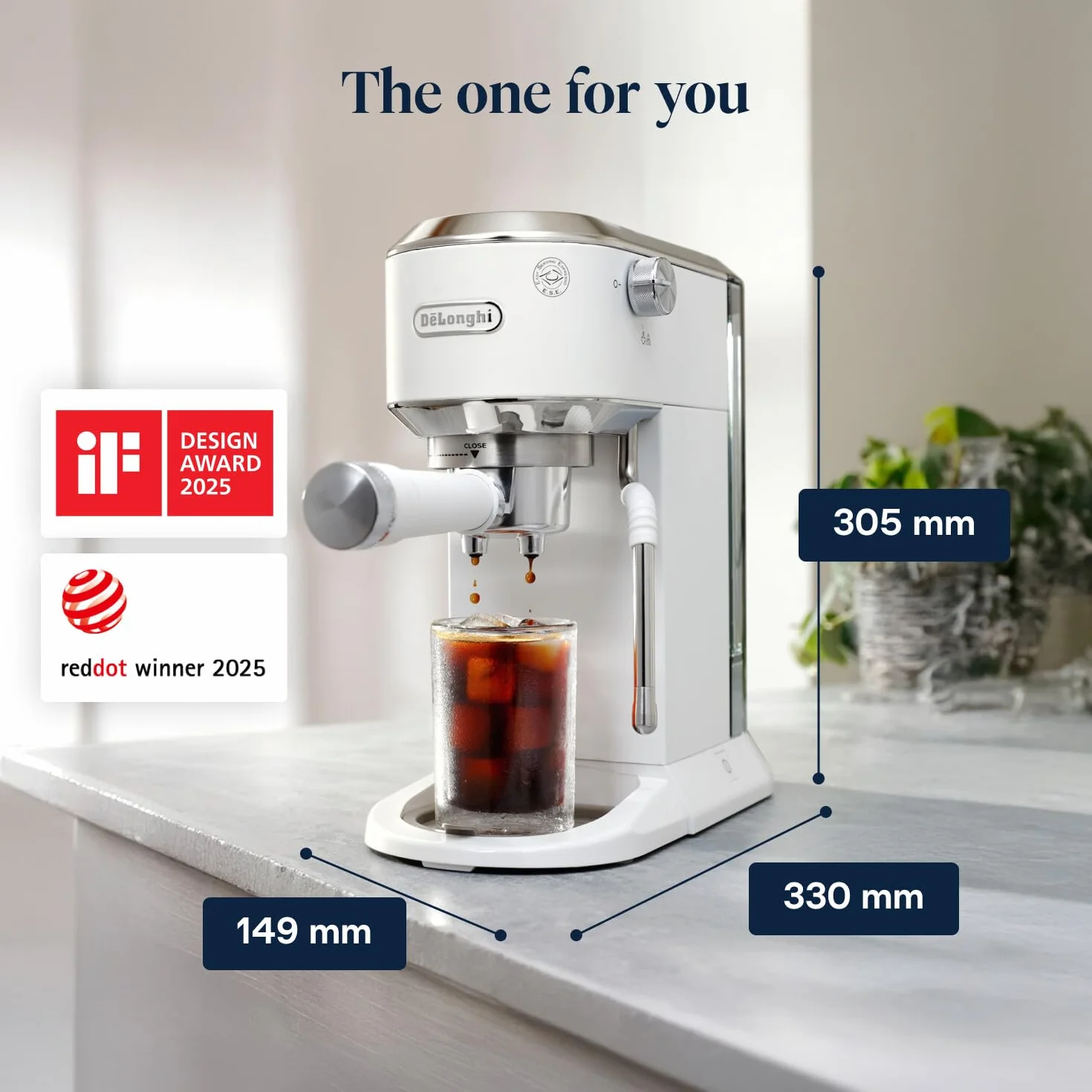 De'Longhi Dedica Duo EC890.WI ręczny ekspres do kawy espresso, cappuccino, cold brew, lanca parowa My LatteArt, wyświetlacz dotykowy, 15 cm, zbiornik 1,1 l, biały