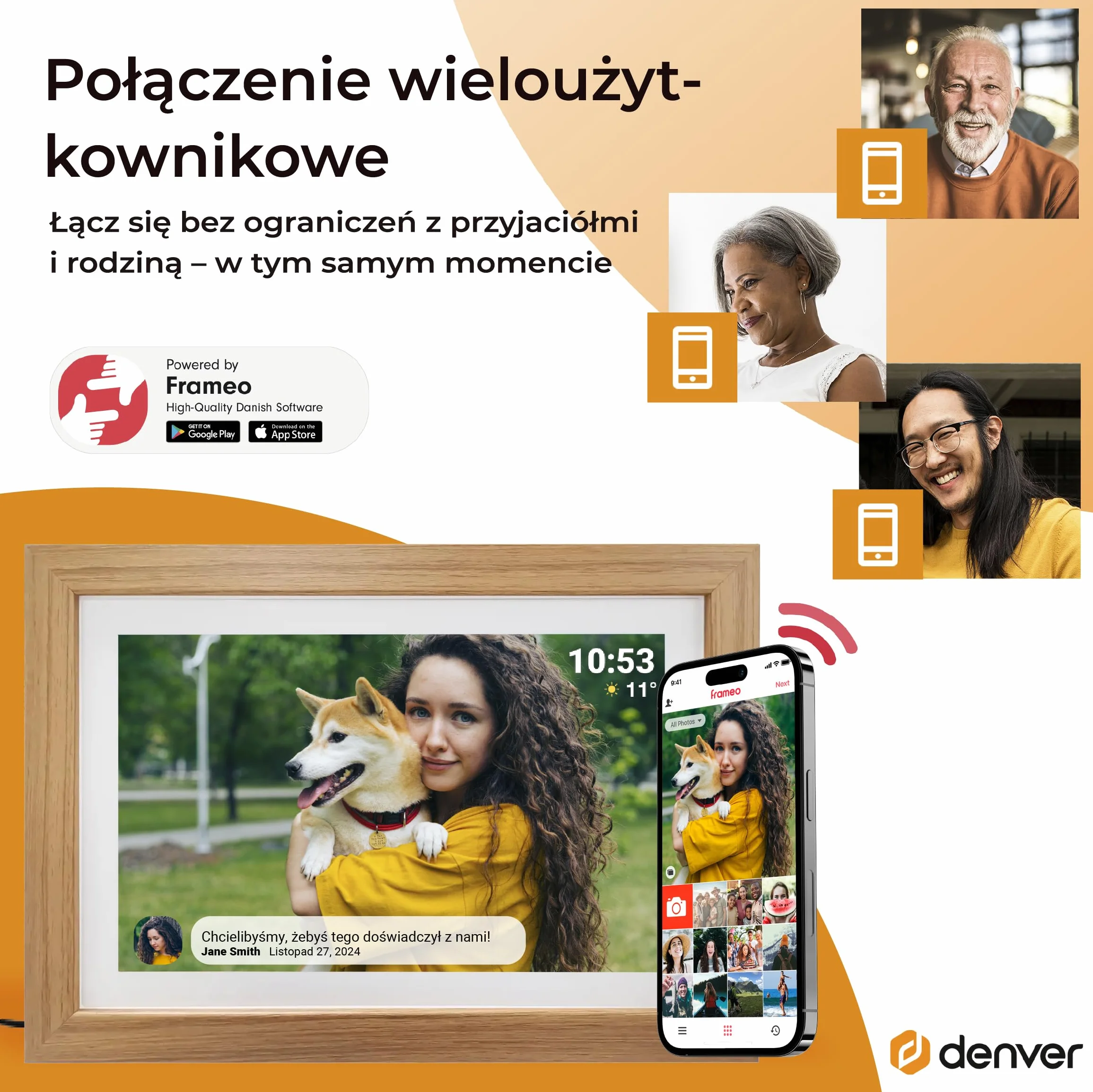 Denver Cyfrowa ramka na zdjęcia 10,1 cala HD - elektroniczna ramka na zdjęcia - ramka na zdjęcia - aplikacja Frameo - ekran dotykowy IPS - 16 GB - PFF1042LW - drewno