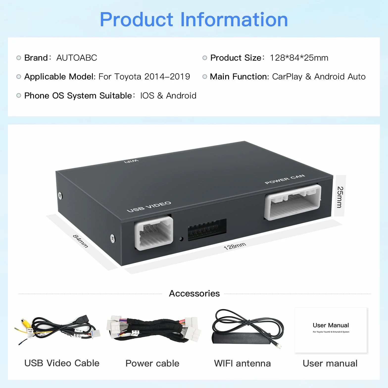 Bezprzewodowy adapter Carplay/Android do Toyota z Entune2.0 2014-2019, pasuje do Tundra/Highlander/RAV4/Tacoma/Camry/Corolla/Avalon/Prius/CH-R