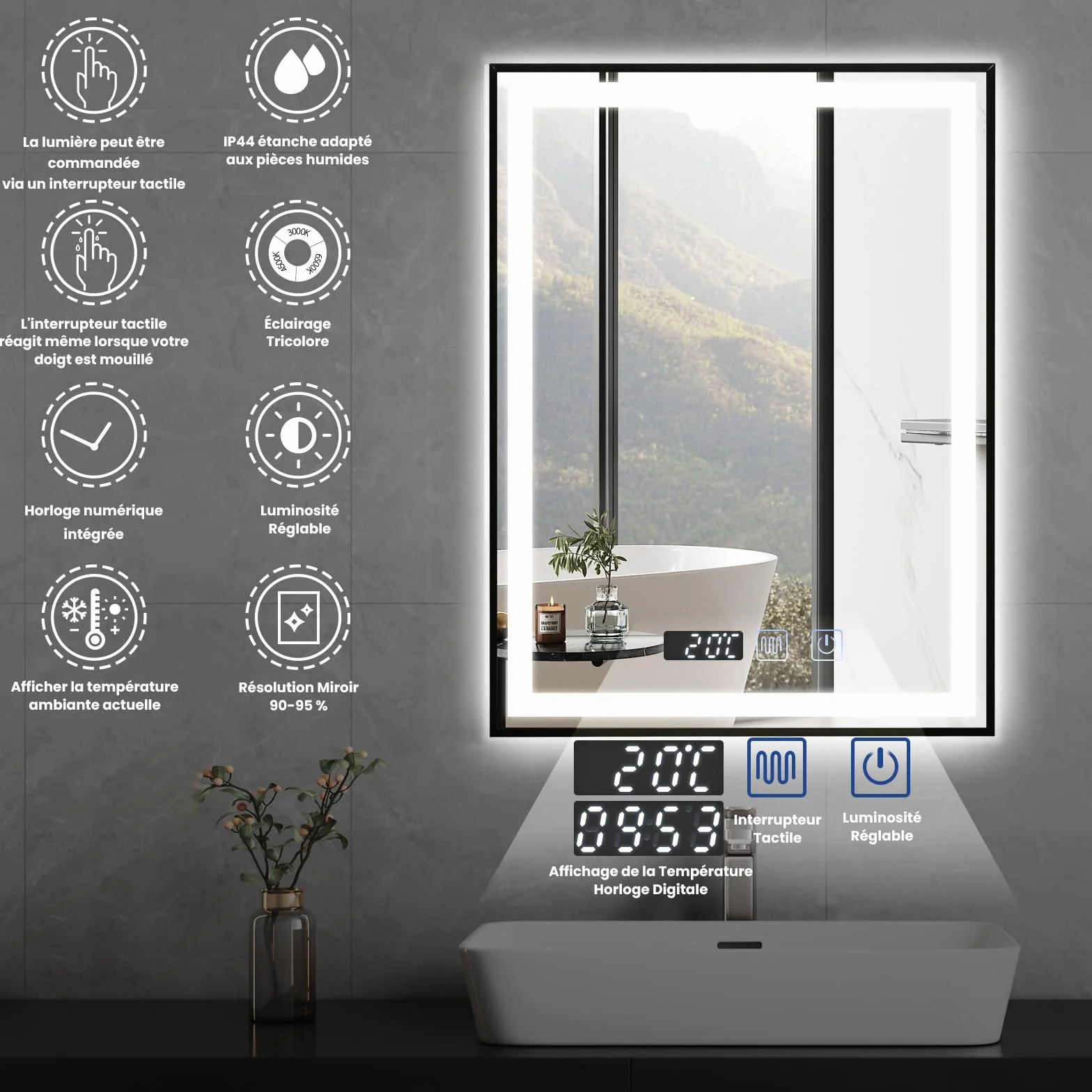 YOURLITE Lustro łazienkowe LED 60x80 cm z oświetleniem IP44 Czarny