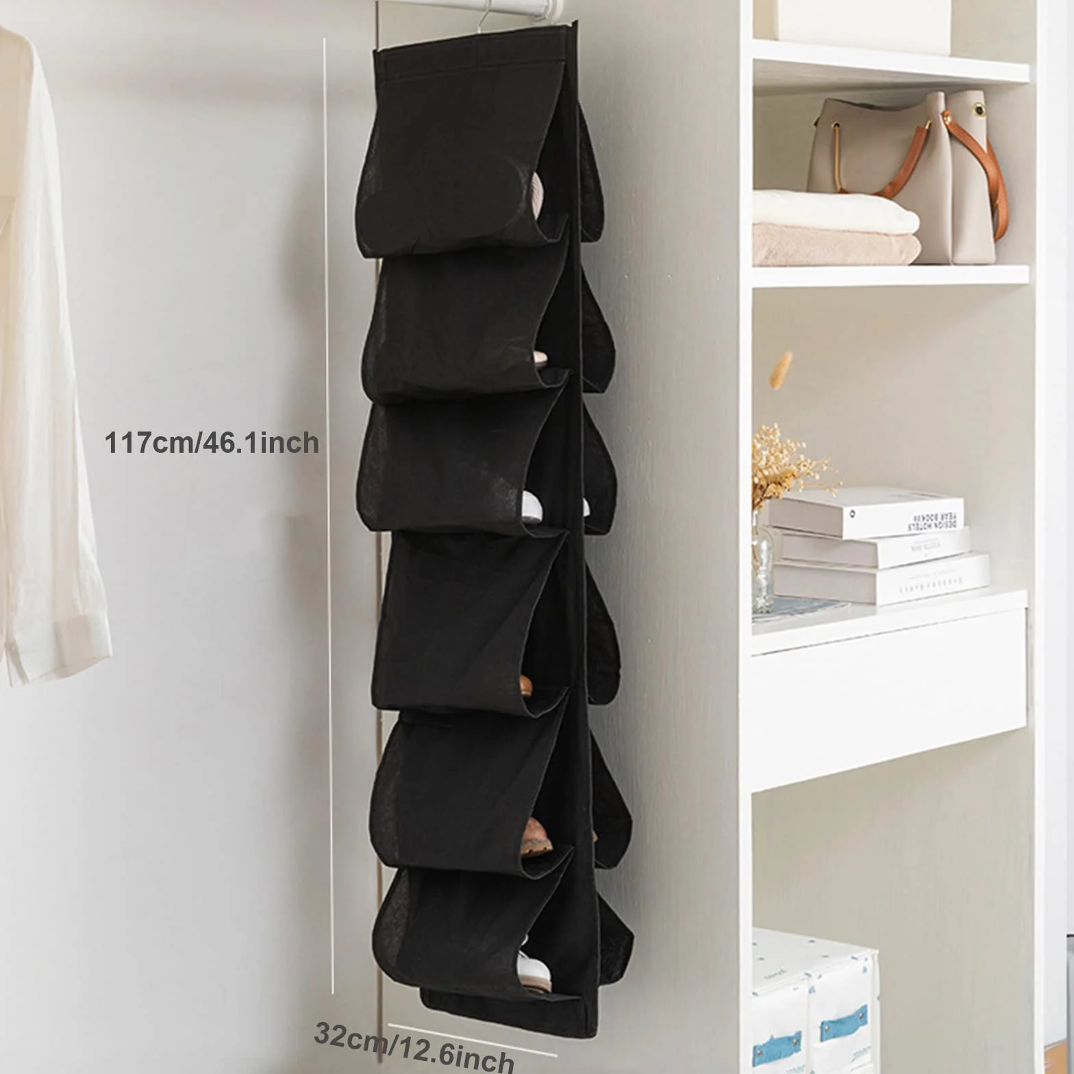 Wiszący organizer na buty 117x32 cm 12 kieszeni czarny