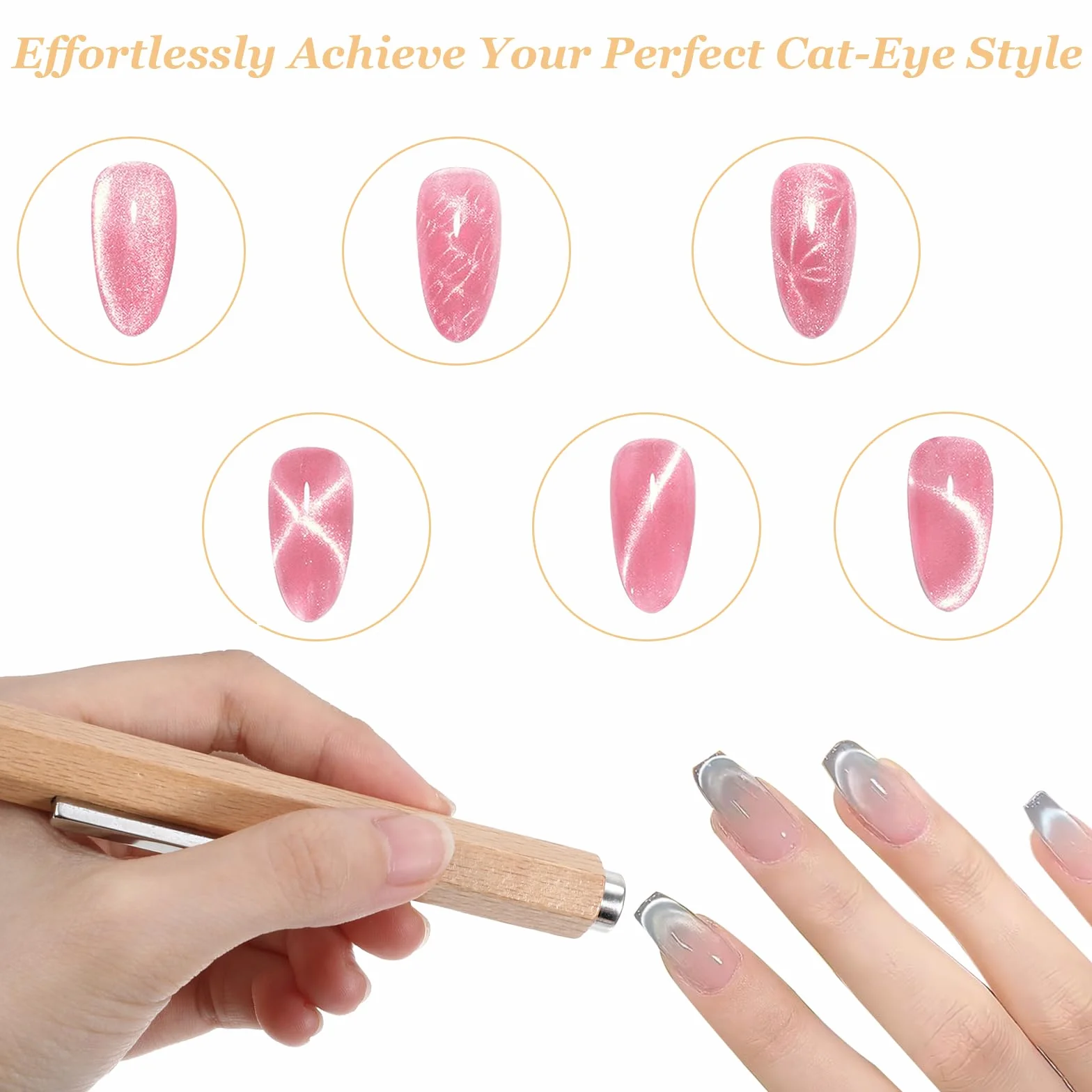 3 w 1 drewniany uchwyt do paznokci, Wszechstronny koci okiem magnetes, Mocny Cat Eye magnes do paznokci, Cylindryczny koci okiem magnes do paznokci do domu DIY salon, Narzędzia do projektowania
